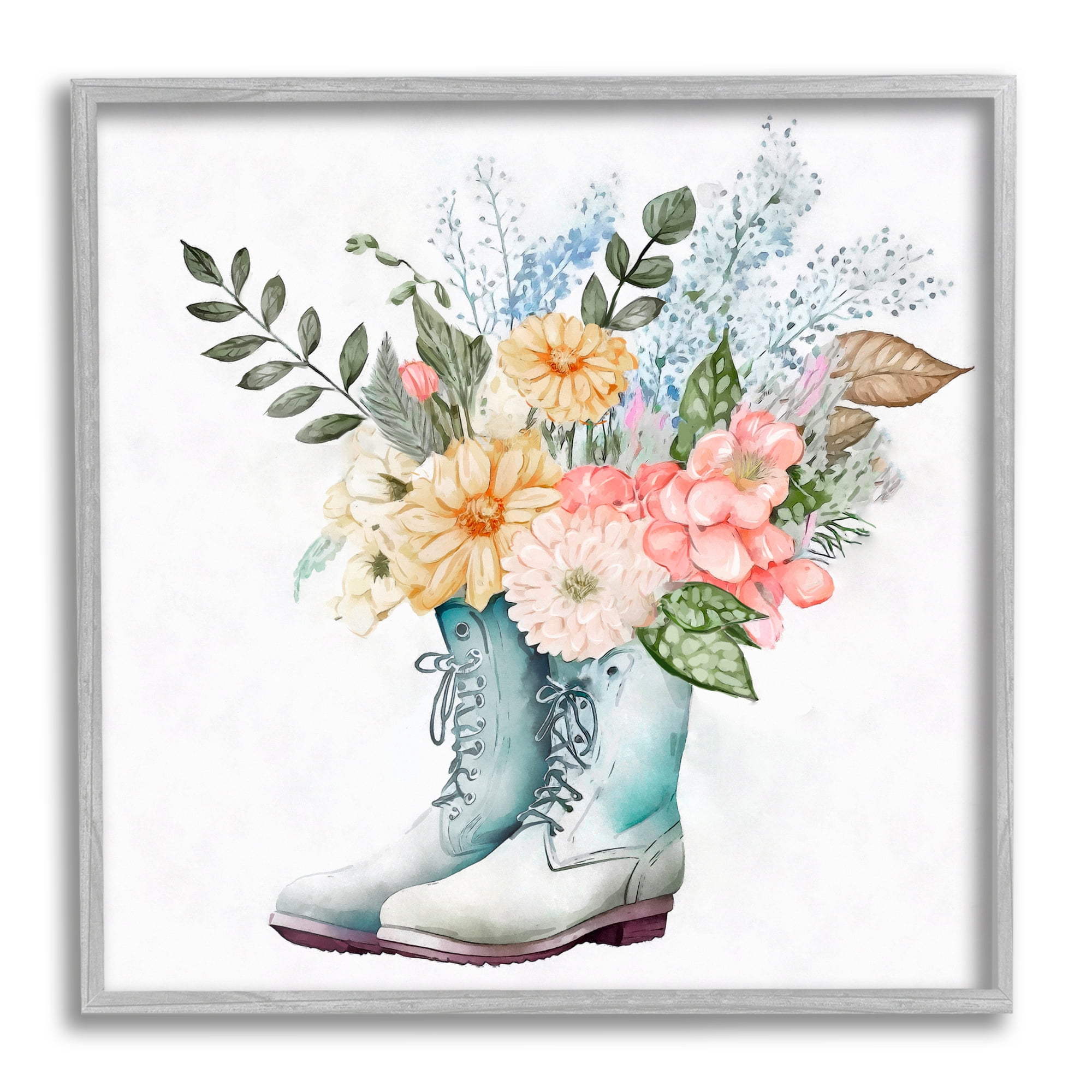 Stupell Industries Garden Boot Mixed Flower Bouquet Botanical & Floral Painting Gray Framed Art Print Wall Art
