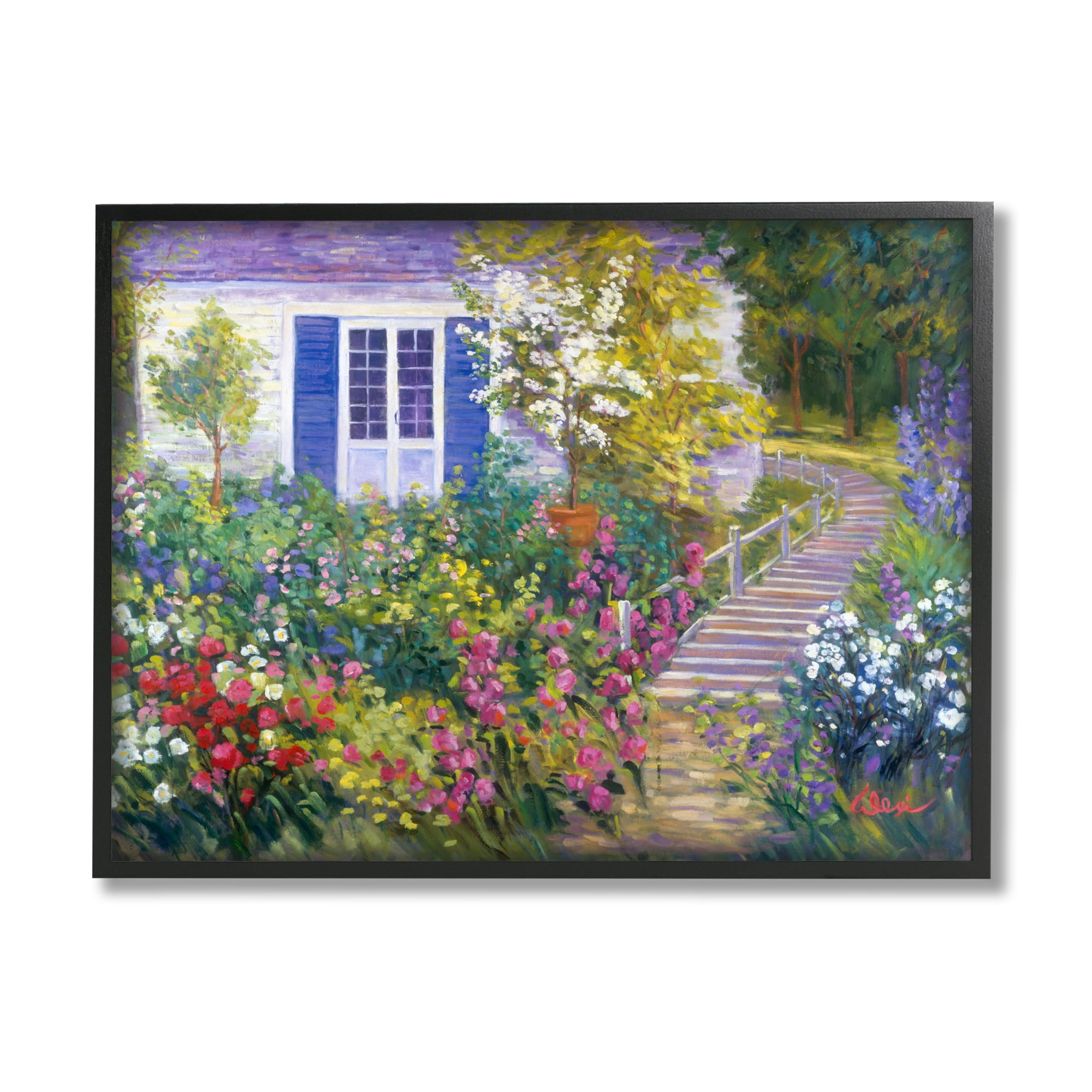 Stupell Industries Garden Cottage House Landscape Painting Black Framed Art Print Wall Art, 20 x 16