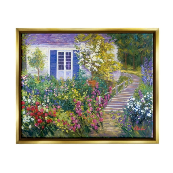 Stupell Industries Garden Cottage House Landscape Painting Gold Floater Framed Canvas Art Print Wall Art, 21 x 17