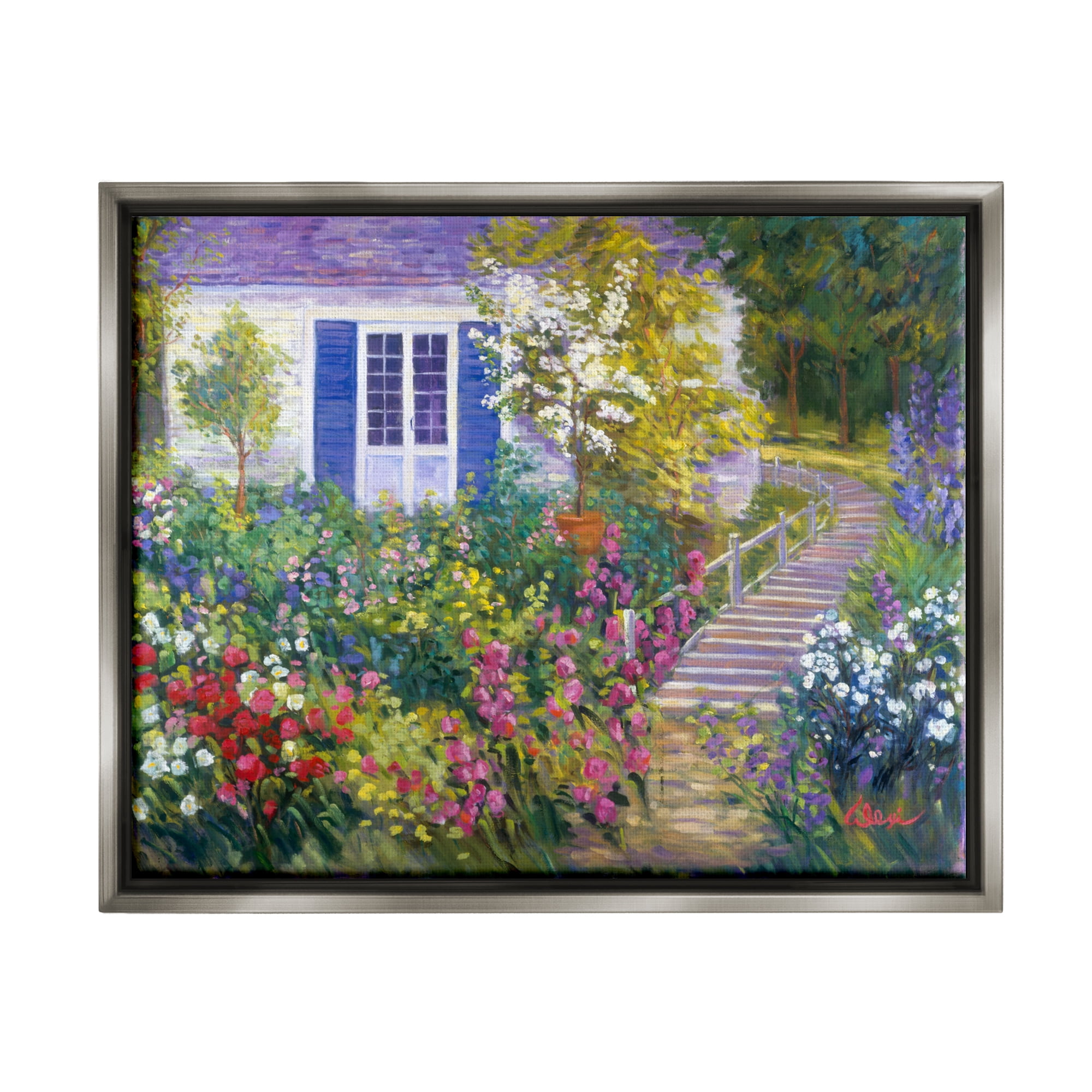 Stupell Industries Garden Cottage House Landscape Painting Gray Floater Framed Canvas Art Print Wall Art, 21 x 17