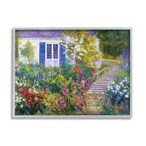 Stupell Industries Garden Cottage House Landscape Painting Gray Framed Art Print Wall Art, 20 x 16