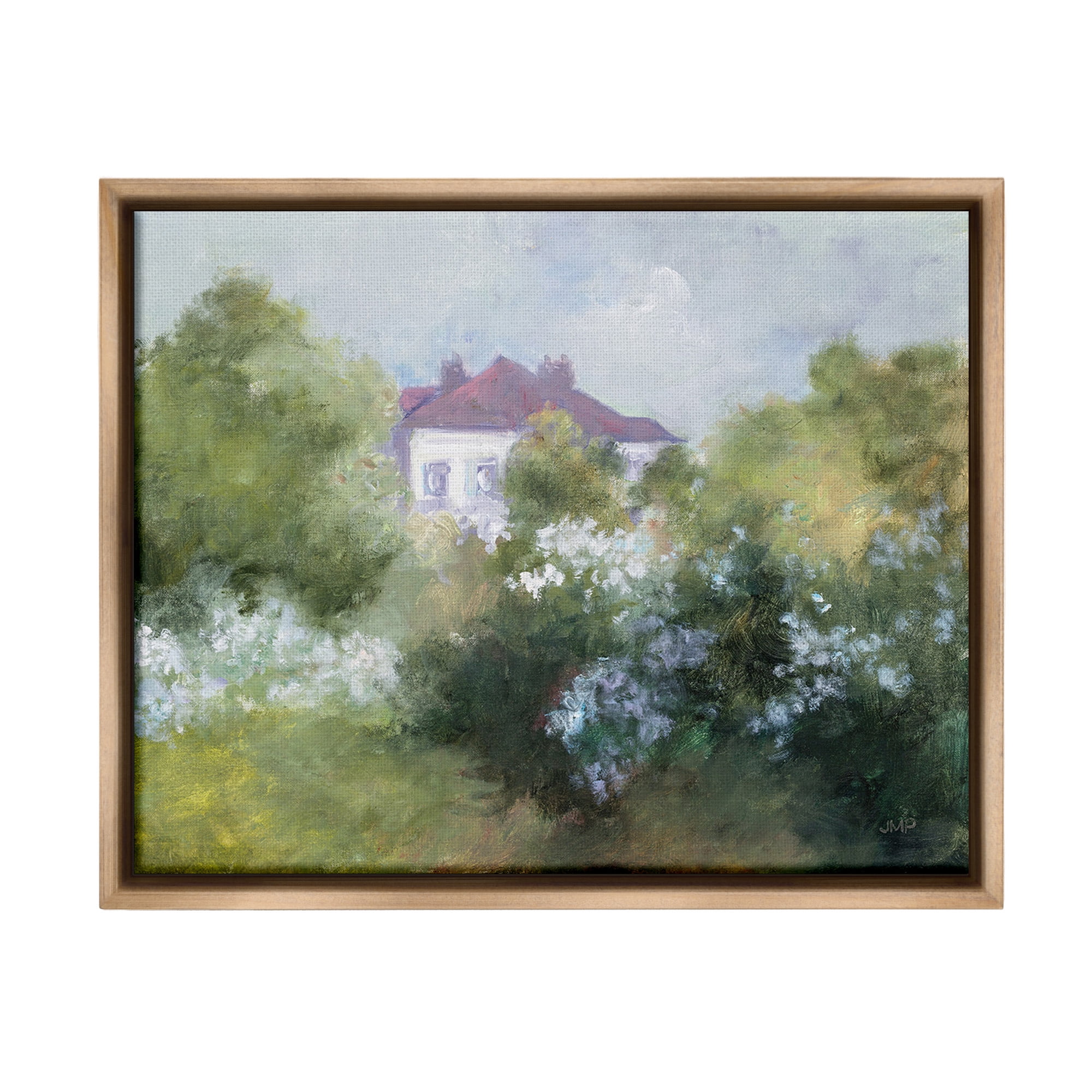 Stupell Industries Garden Cottage Villa Landscape Painting Brown Floater Framed Canvas Art Print Wall Art, 21 x 17