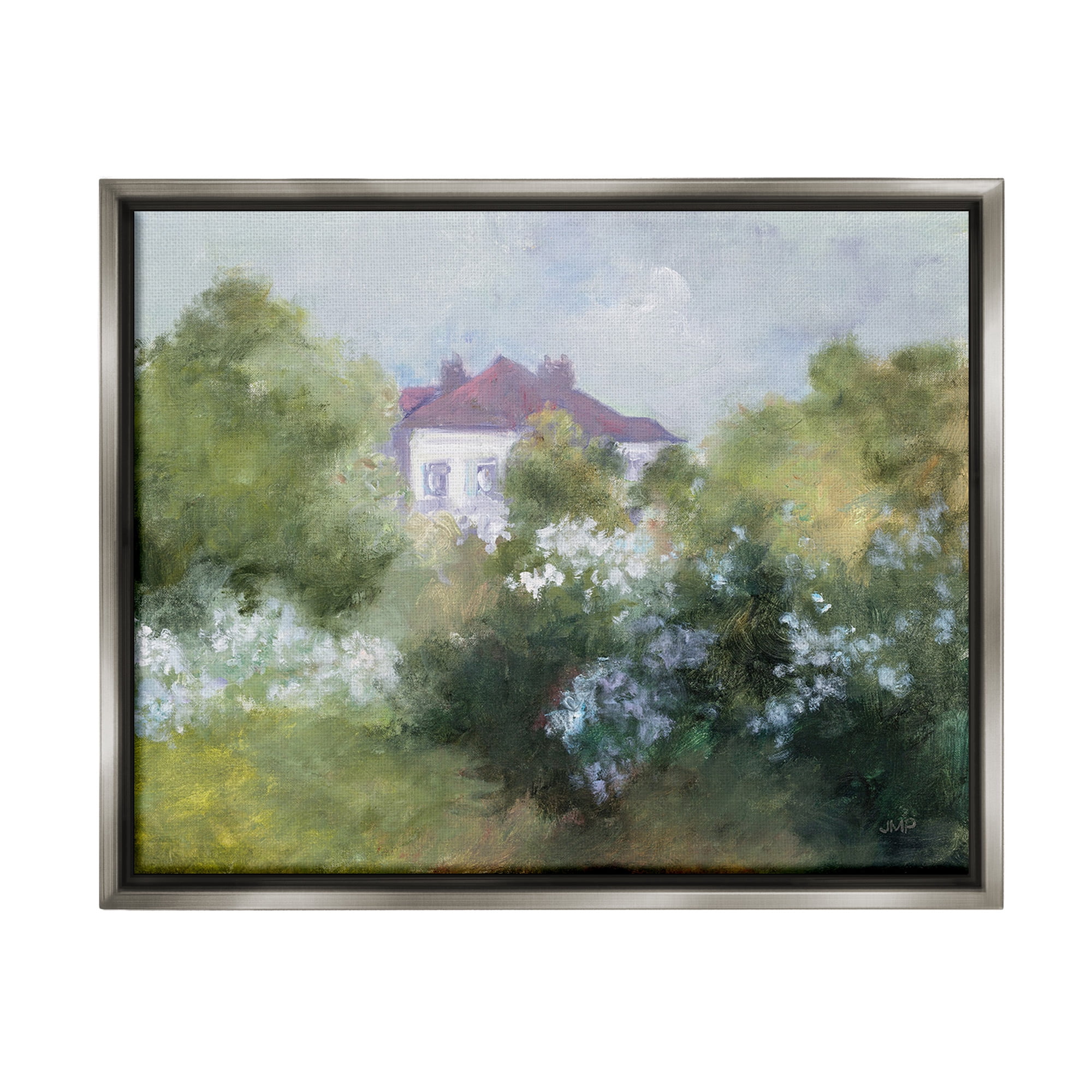 Stupell Industries Garden Cottage Villa Landscape Painting Gray Floater Framed Canvas Art Print Wall Art, 21 x 17