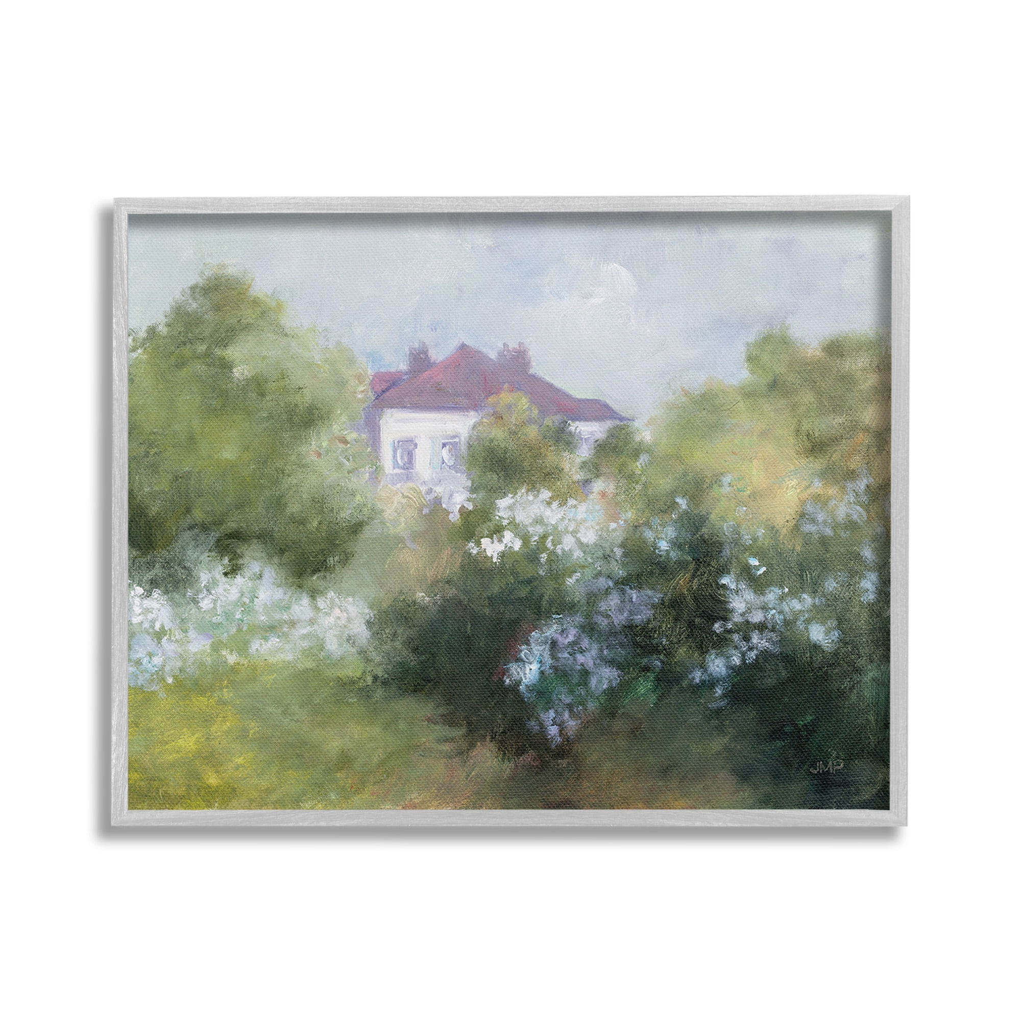 Stupell Industries Garden Cottage Villa Landscape Painting Gray Framed Art Print Wall Art, 30 x 24