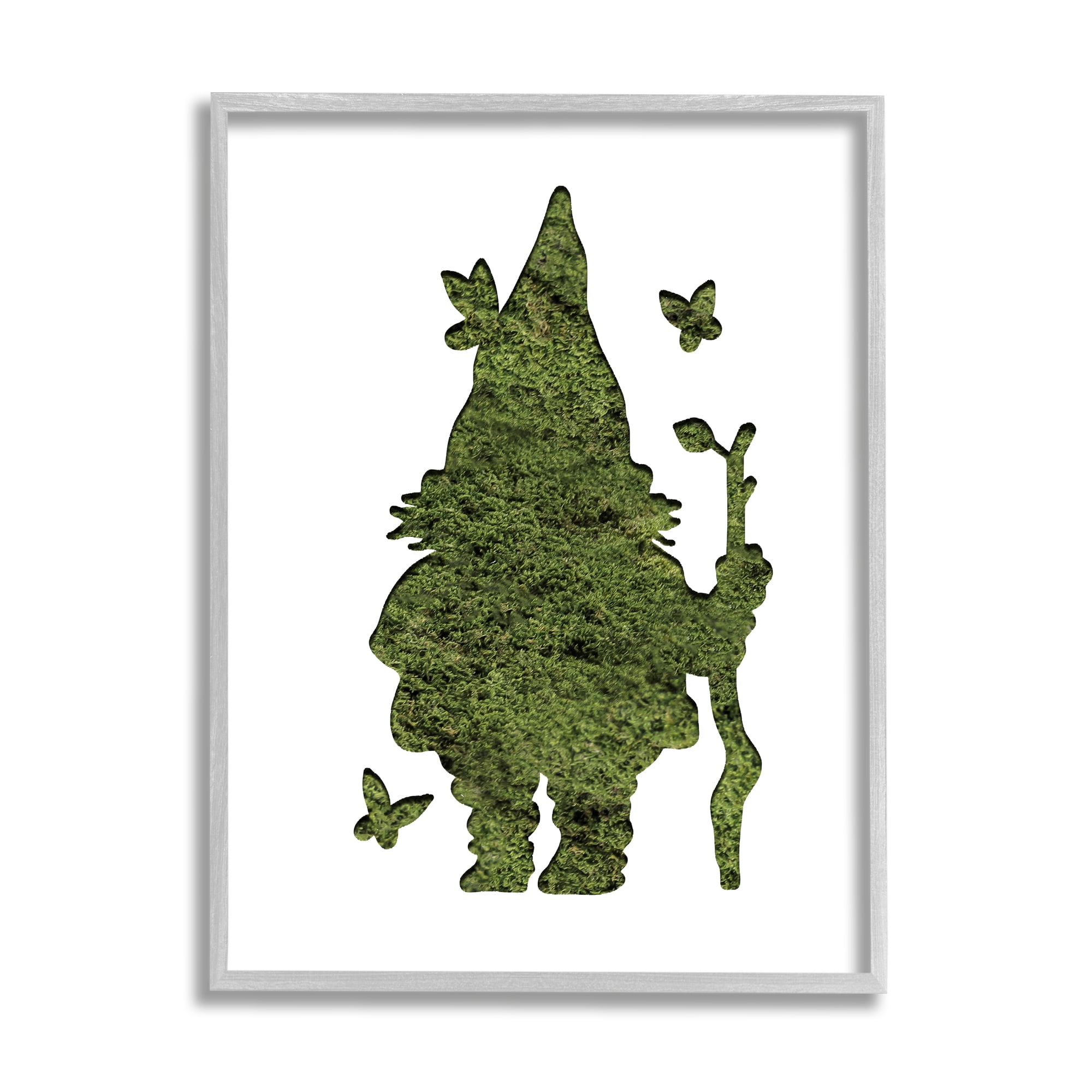 Stupell Industries Garden Creature Gnome with Butterflies Grass Pattern Fairy Tales & Fantasy Painting Gray Framed Art Print Wall Art, 16 x 20