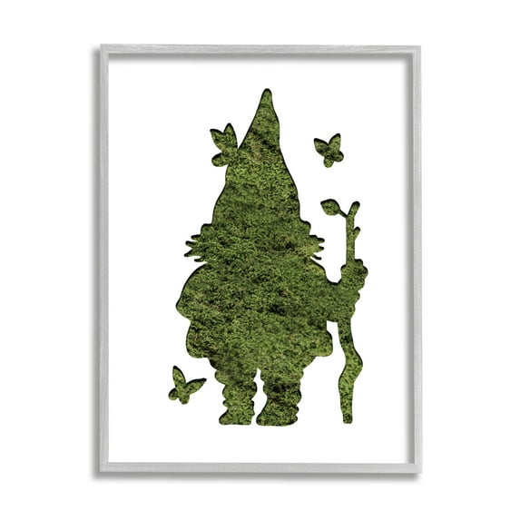 Stupell Industries Garden Creature Gnome with Butterflies Grass Pattern Fairy Tales & Fantasy Painting Gray Framed Art Print Wall Art, 24 x 30