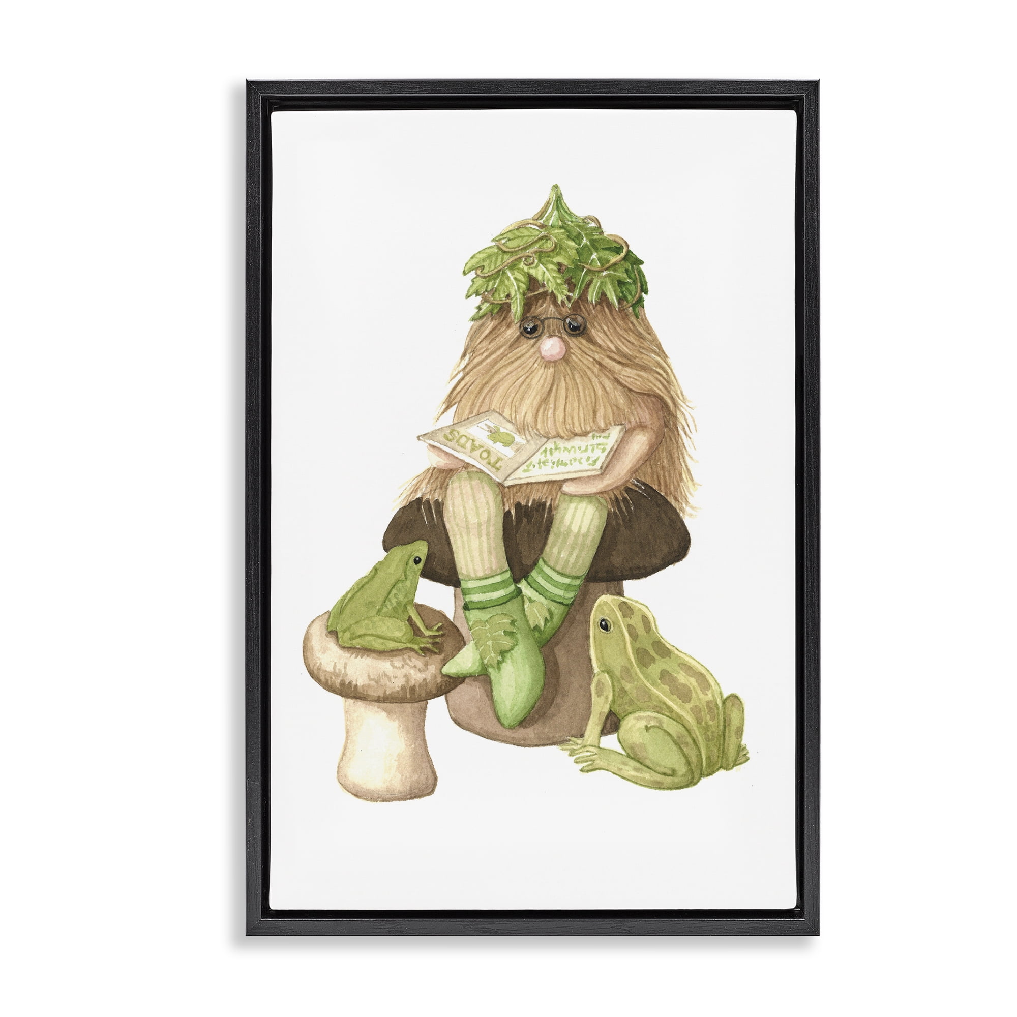Stupell Industries Garden Elf with Frogs Black Framed Floater Canvas Wall Art, design by Nancy Overton