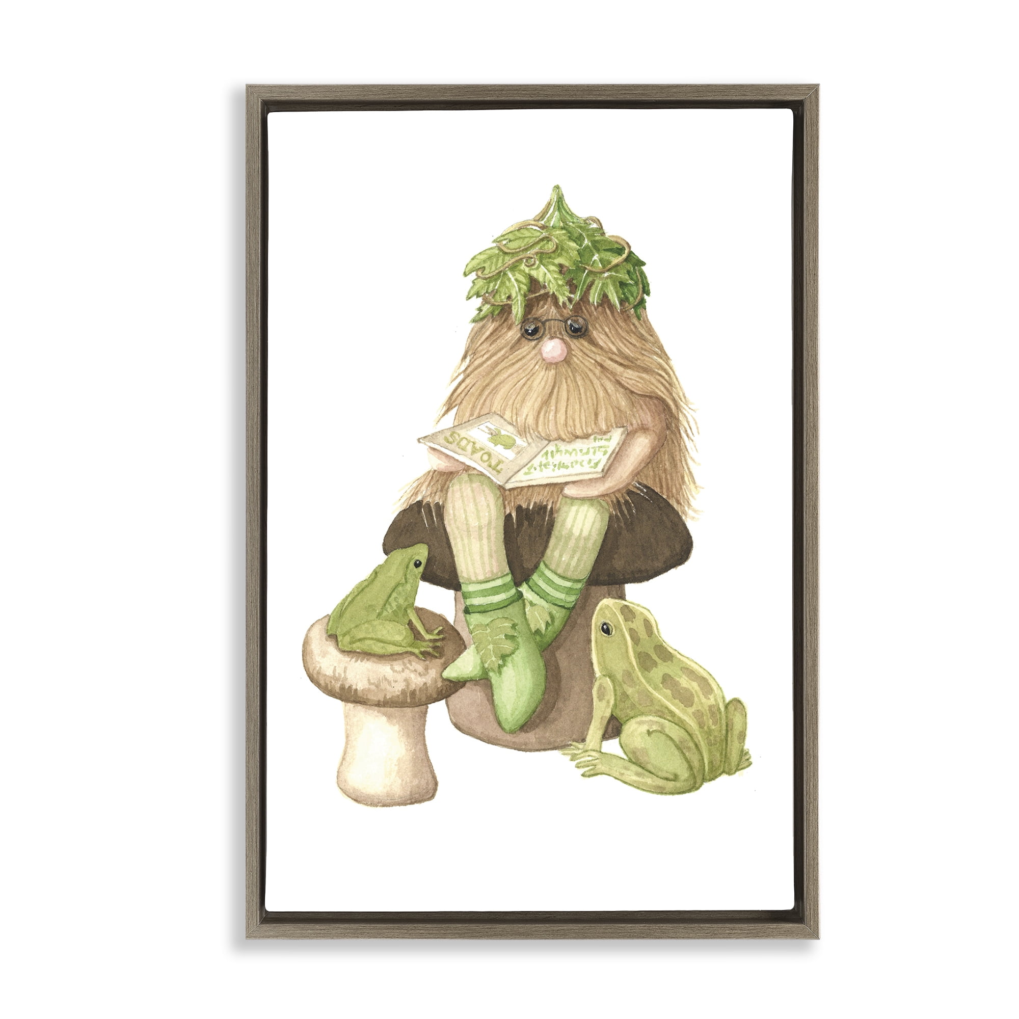 Stupell Industries Garden Elf with Frogs Brown Framed Floater Canvas Wall Art, design by Nancy Overton