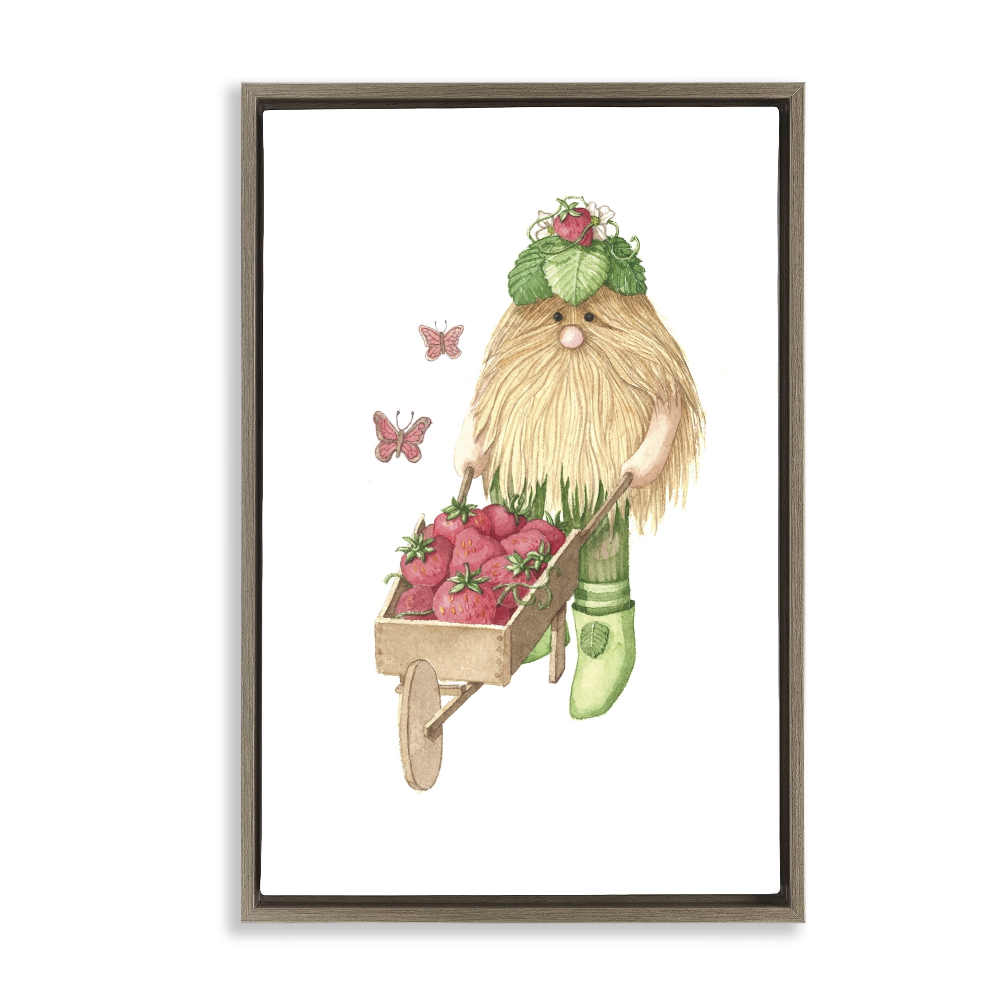 Stupell Industries Garden Elf with Wheelbarrow Brown Framed Floater Canvas Wall Art, design by Nancy Overton