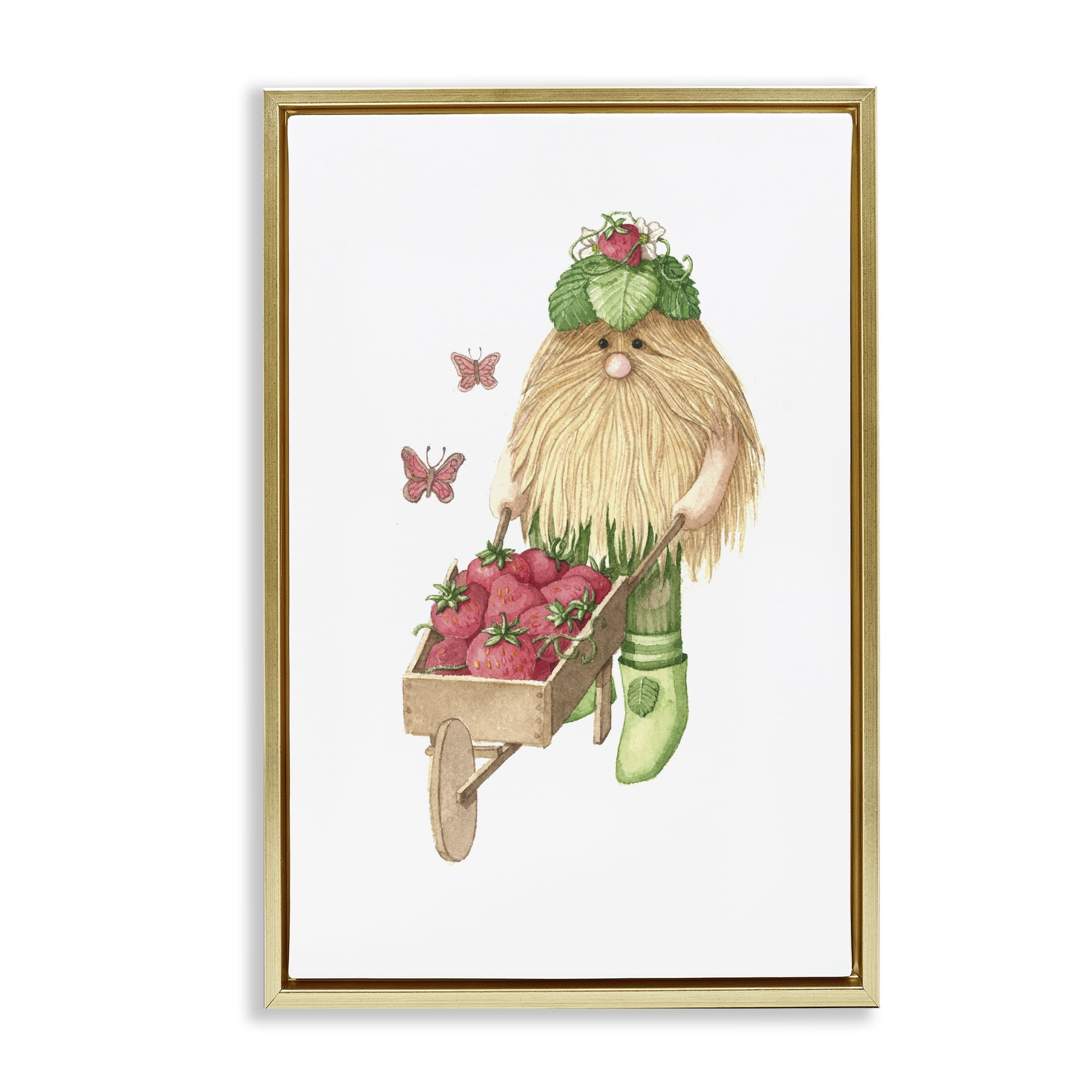 Stupell Industries Garden Elf with Wheelbarrow Gold Framed Floater Canvas Wall Art, design by Nancy Overton
