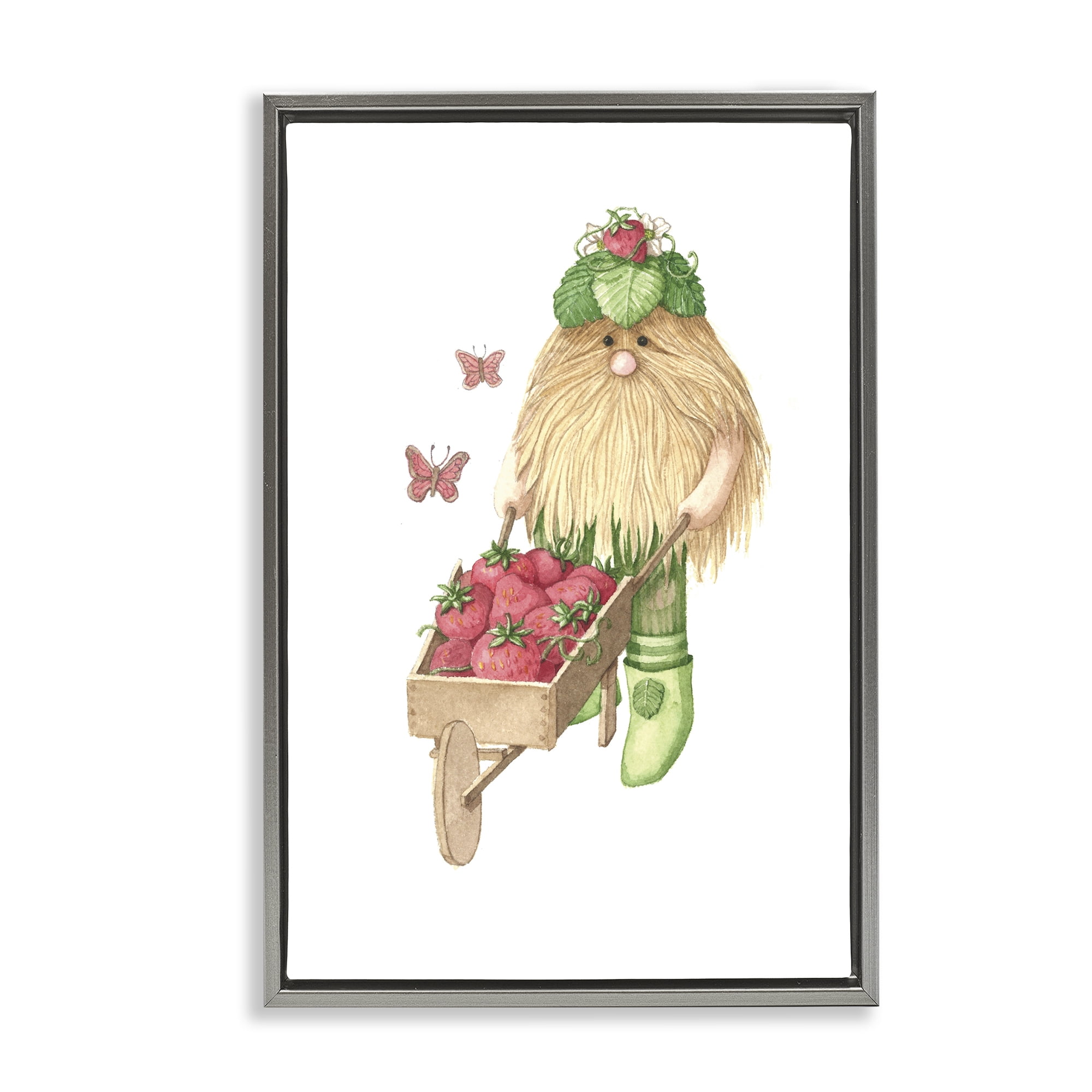 Stupell Industries Garden Elf with Wheelbarrow Gray Framed Floater Canvas Wall Art, design by Nancy Overton