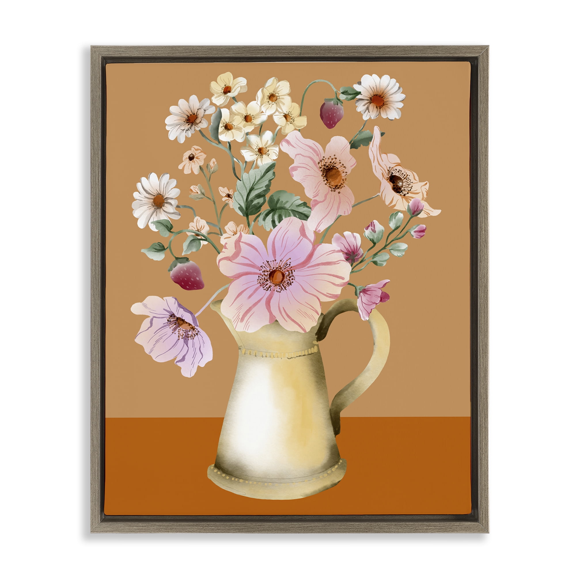 Stupell Industries Garden Florals in Jug Plants & Flowers Painting Brown Floater Framed Canvas Art Print Wall Art, 17 x 21