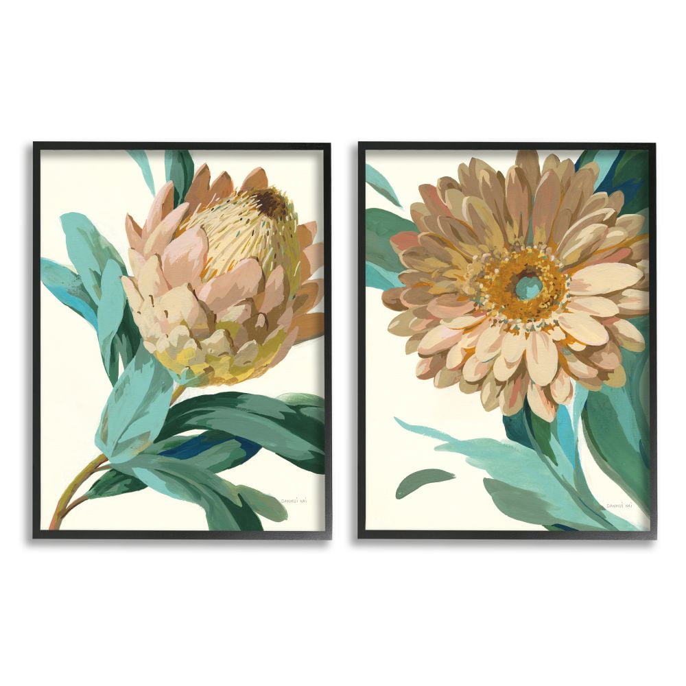 Stupell Industries Garden Flower Details Minimal Green Tan Painting Framed Wall Art Design by Danhui Nai, 2 Piece, 11" x 14", Black Framed