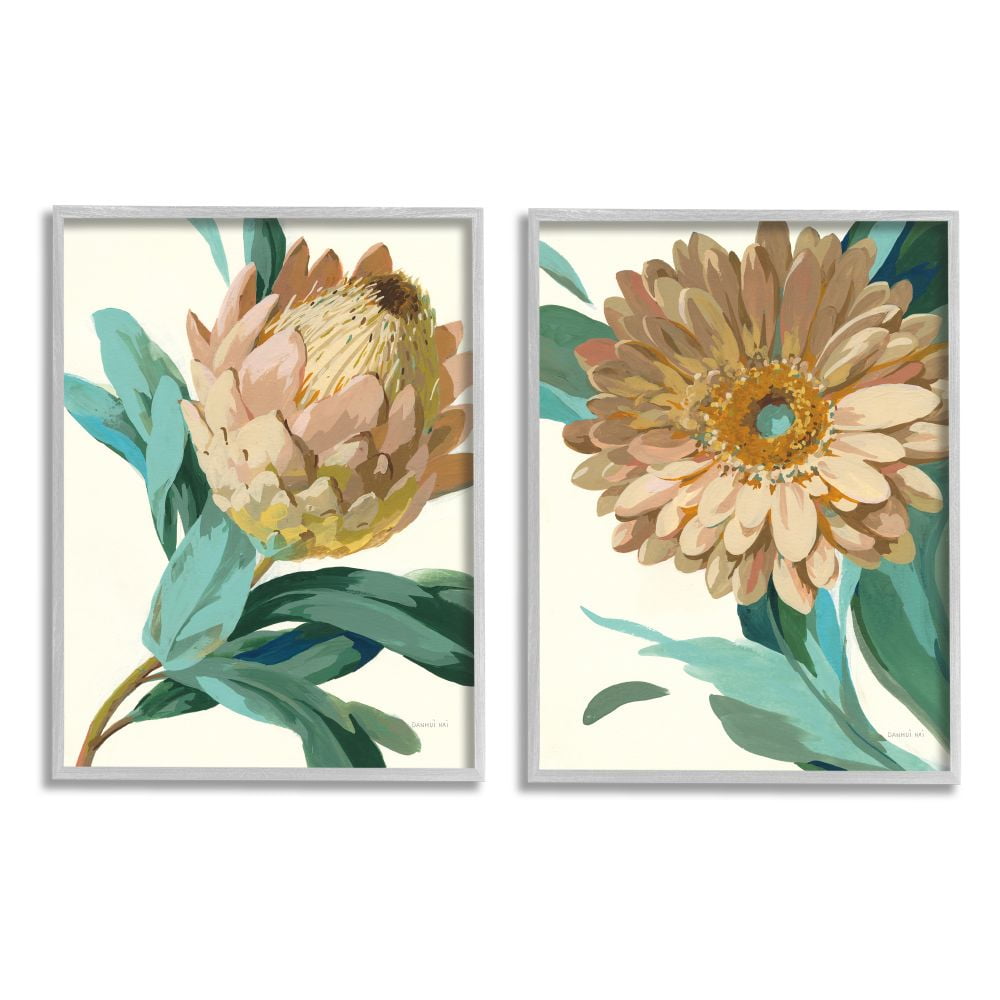 Stupell Industries Garden Flower Details Minimal Green Tan Painting Framed Wall Art Design by Danhui Nai, 2 Piece, 16" x 20", Gray Framed