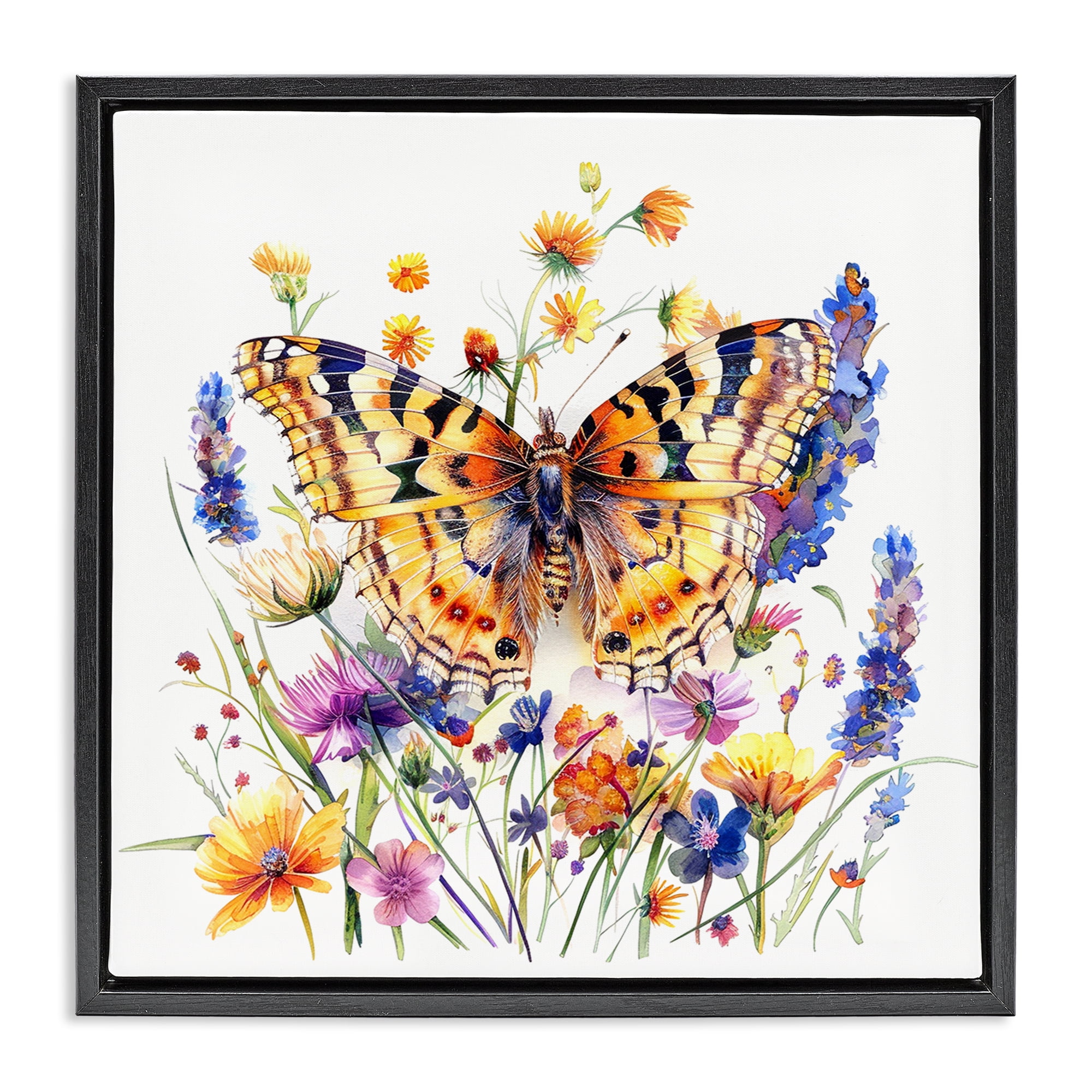 Stupell Industries Garden Flowers & Butterfly Insects Painting Black Floater Framed Canvas Art Print Wall Art, 18 x 18