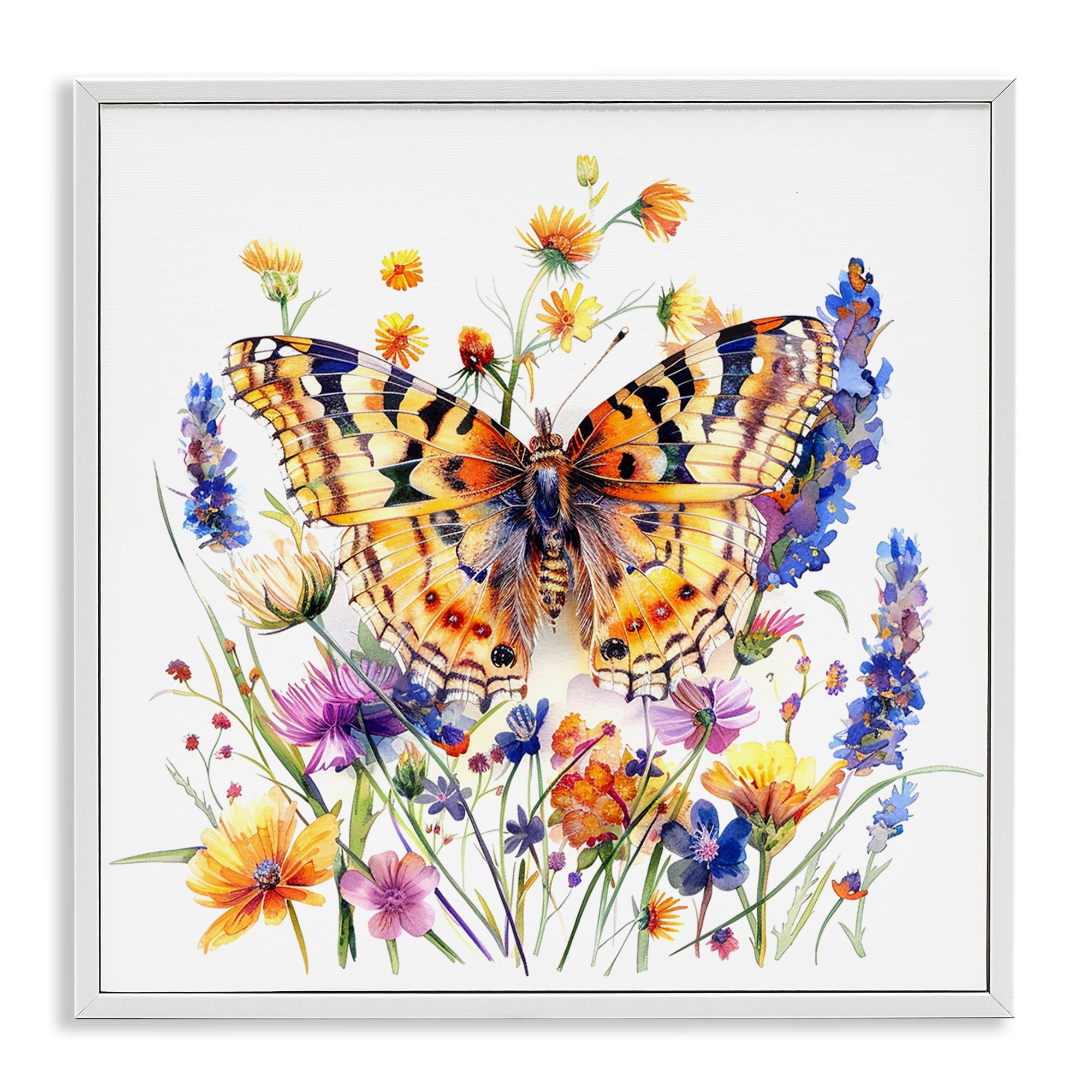 Stupell Industries Garden Flowers & Butterfly Insects Painting White Framed Art Print Wall Art, 17 x 17