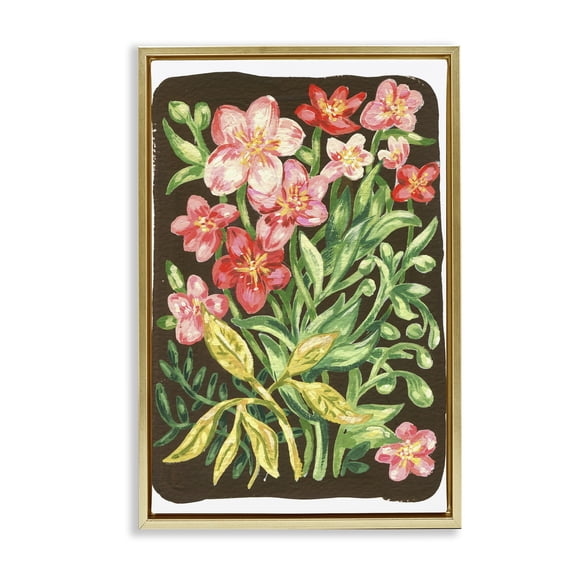 Stupell Industries Garden Flowers on Brown Floral Painting Gold Floater Framed Canvas Art Print Wall Art, 17 x 25