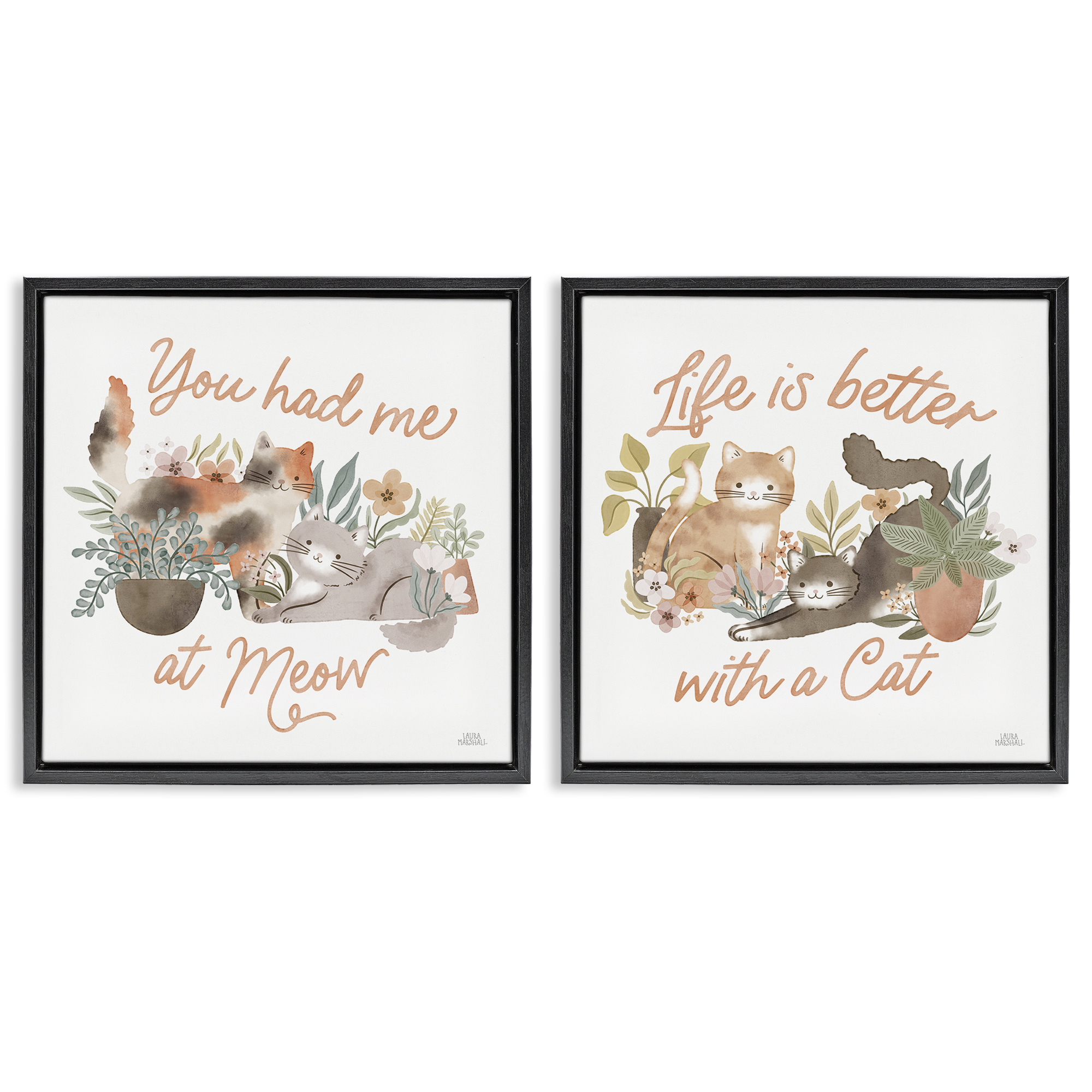 Stupell Industries Garden Friends Cat Phrases Animals Painting Black Floater Framed Canvas Art Print Wall Art, 25 x 25, Set of 2