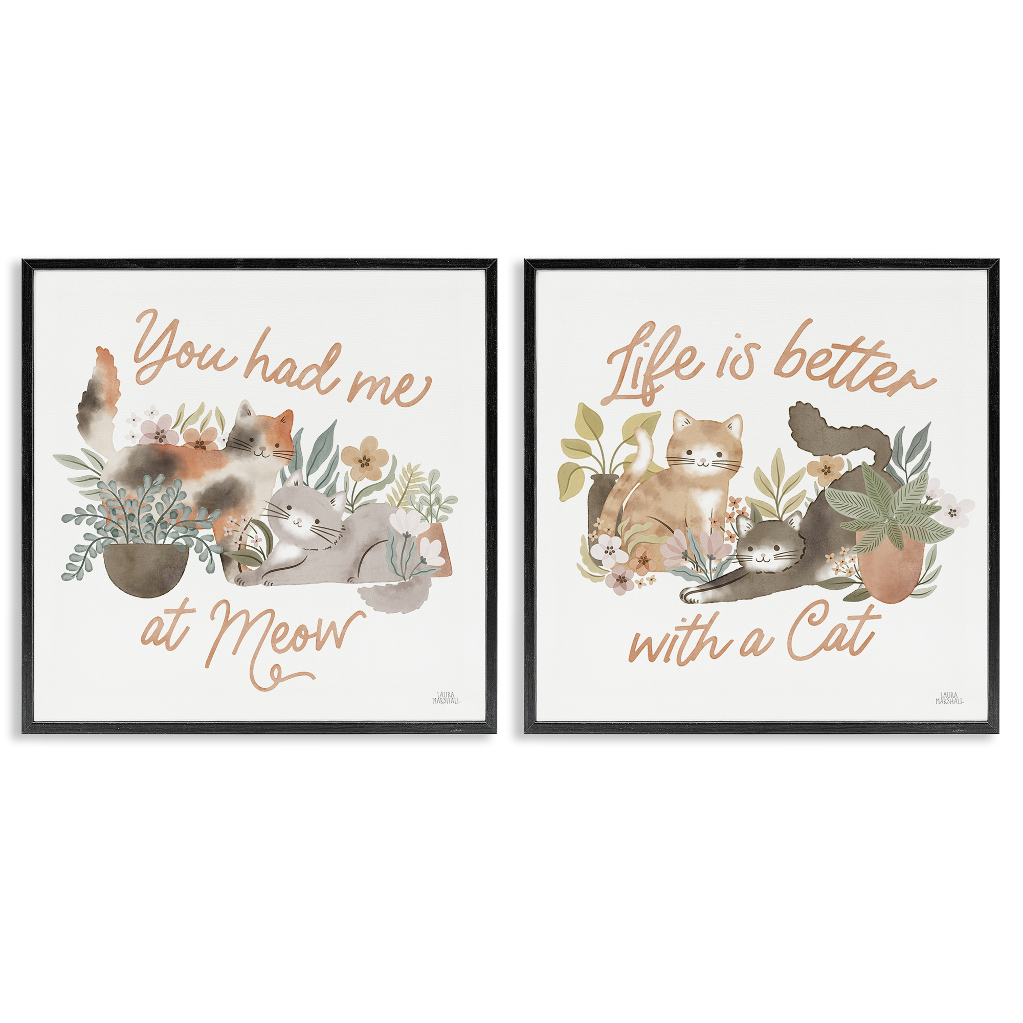 Stupell Industries Garden Friends Cat Phrases Animals Painting Black Framed Art Print Wall Art, 17 x 17, Set of 2