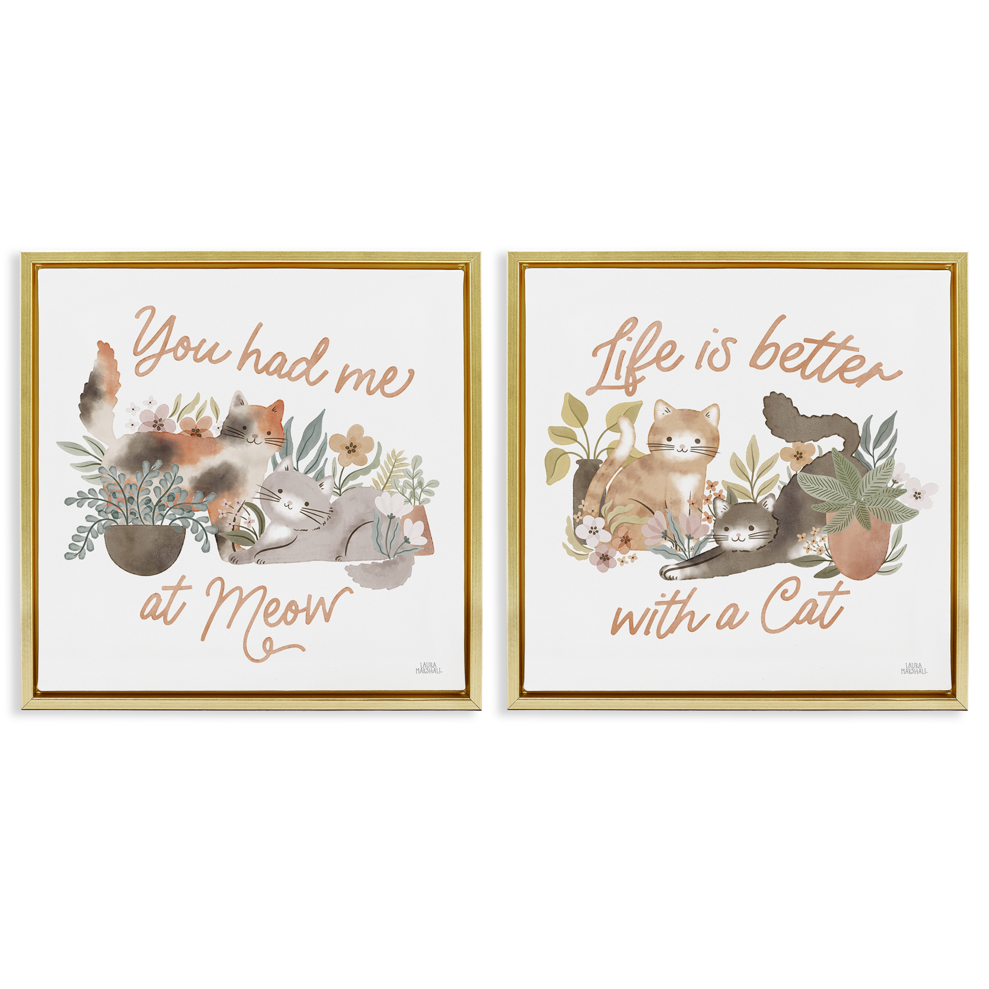 Stupell Industries Garden Friends Cat Phrases Animals Painting Gold Floater Framed Canvas Art Print Wall Art, 18 x 18, Set of 2