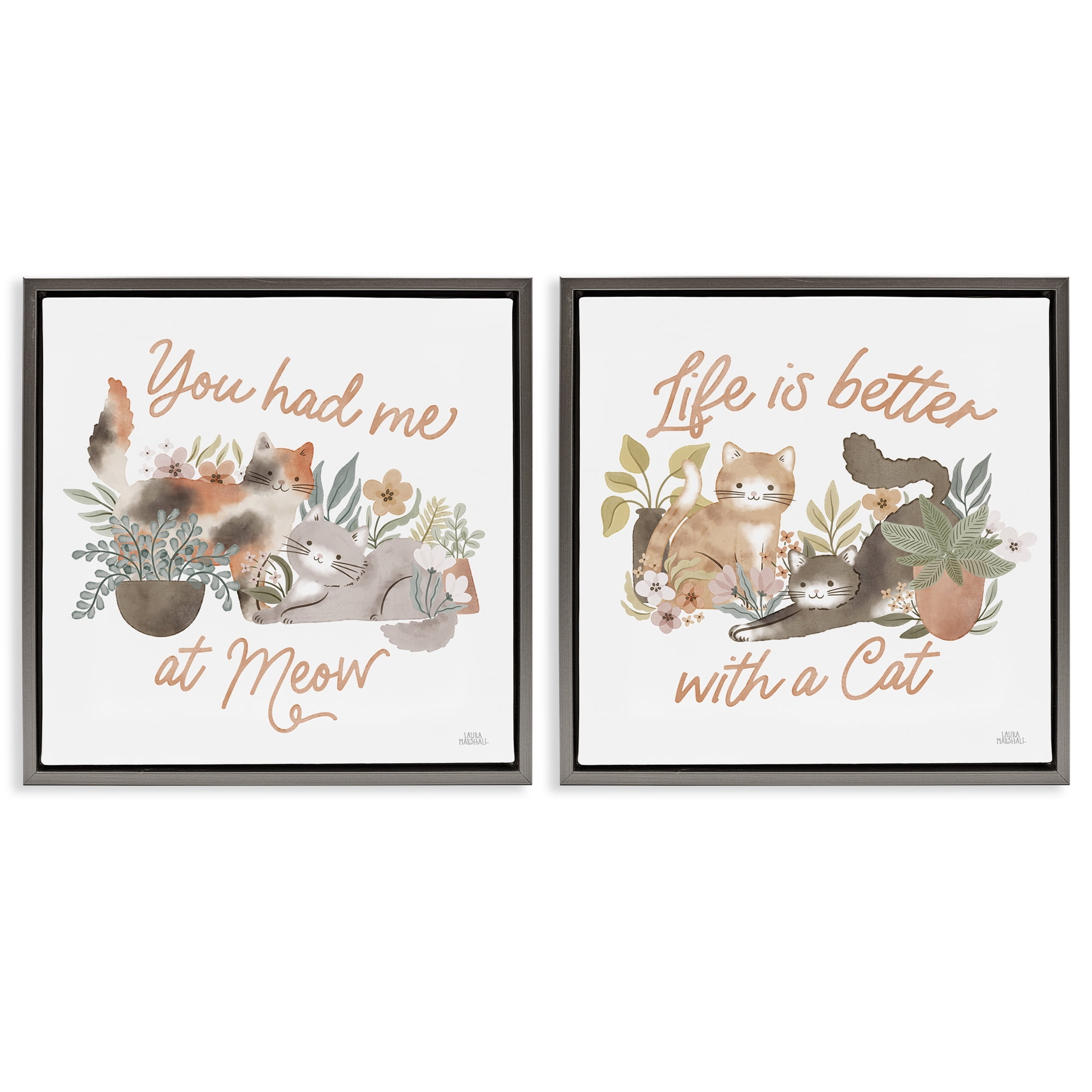 Stupell Industries Garden Friends Cat Phrases Animals Painting Gray Floater Framed Canvas Art Print Wall Art, 18 x 18, Set of 2