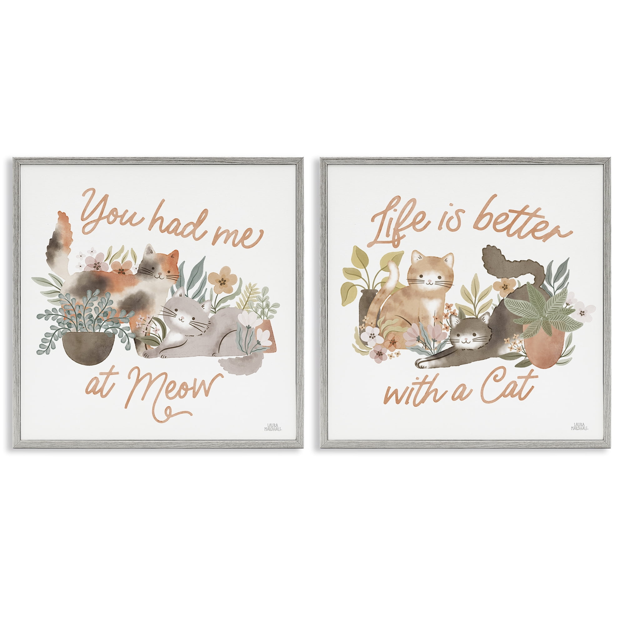 Stupell Industries Garden Friends Cat Phrases Animals Painting Gray Framed Art Print Wall Art, 12 x 12, Set of 2