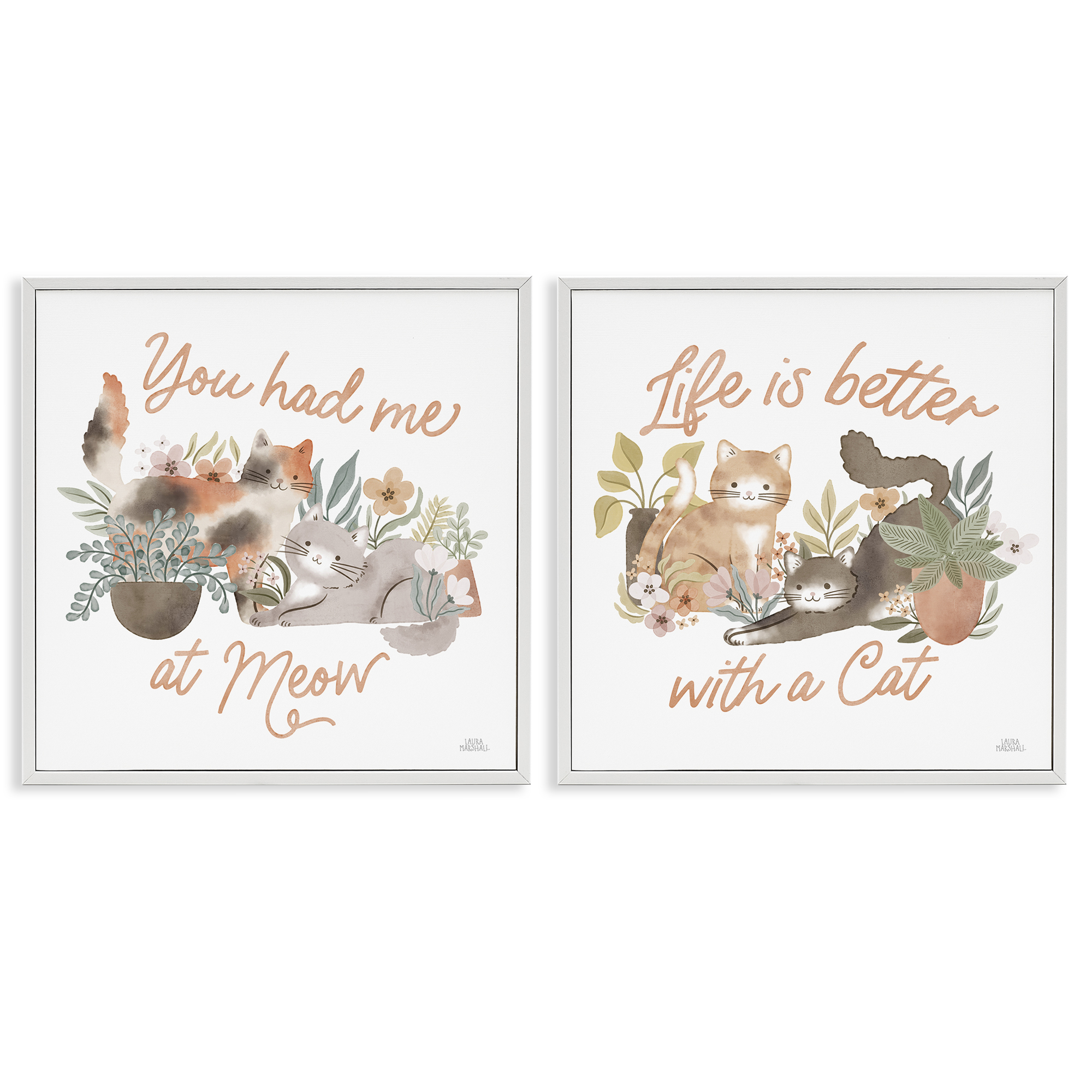 Stupell Industries Garden Friends Cat Phrases Animals Painting White Framed Art Print Wall Art, 12 x 12, Set of 2