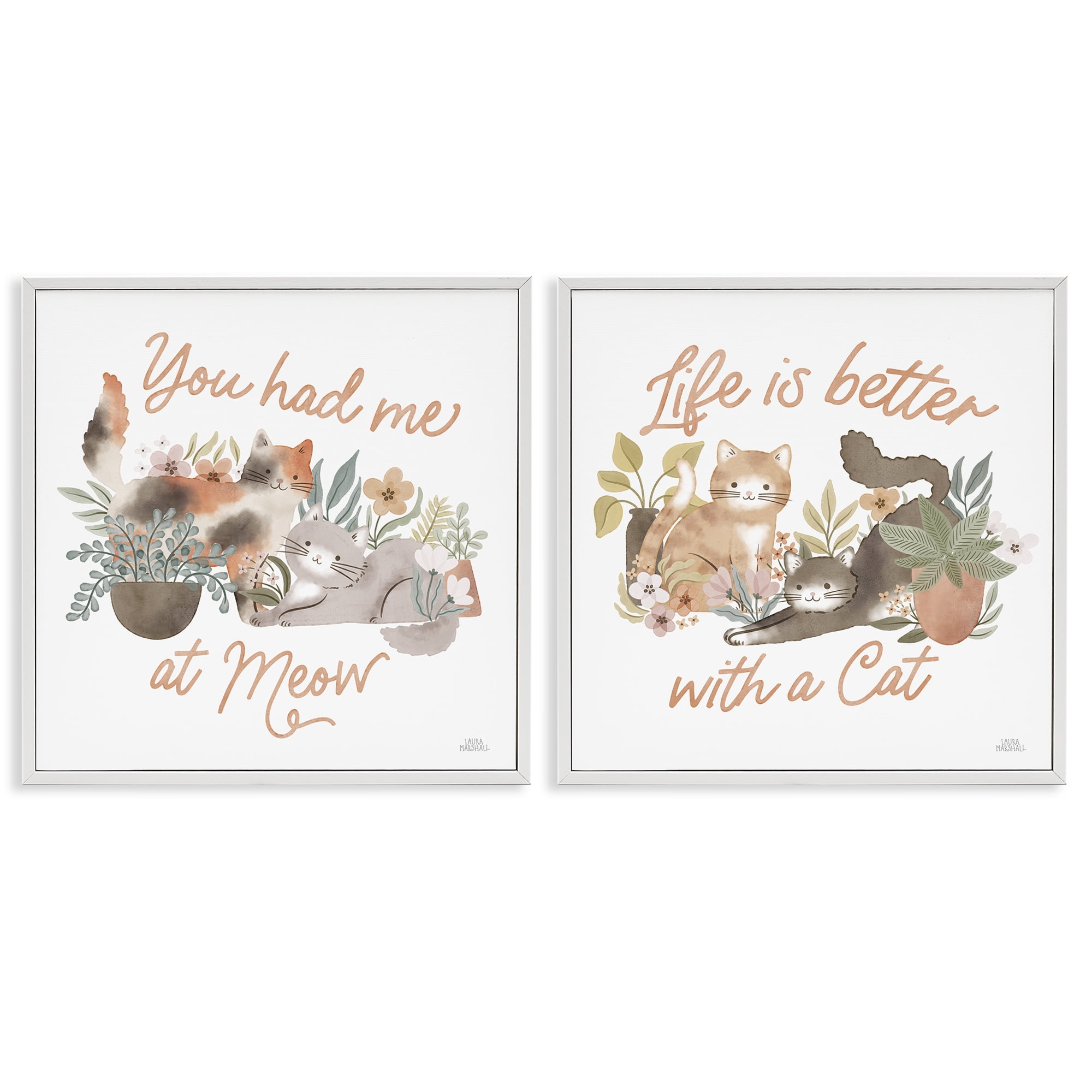 Stupell Industries Garden Friends Cat Phrases Animals Painting White Framed Art Print Wall Art, 24 x 24, Set of 2