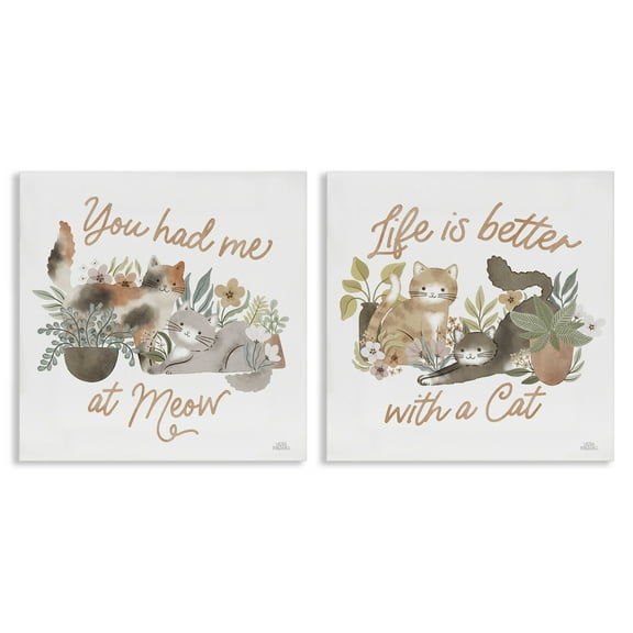 Stupell Industries Garden Friends Cat Phrases Animals Painting Wrapped Canvas Art Print Wall Art, 17 x 17, Set of 2