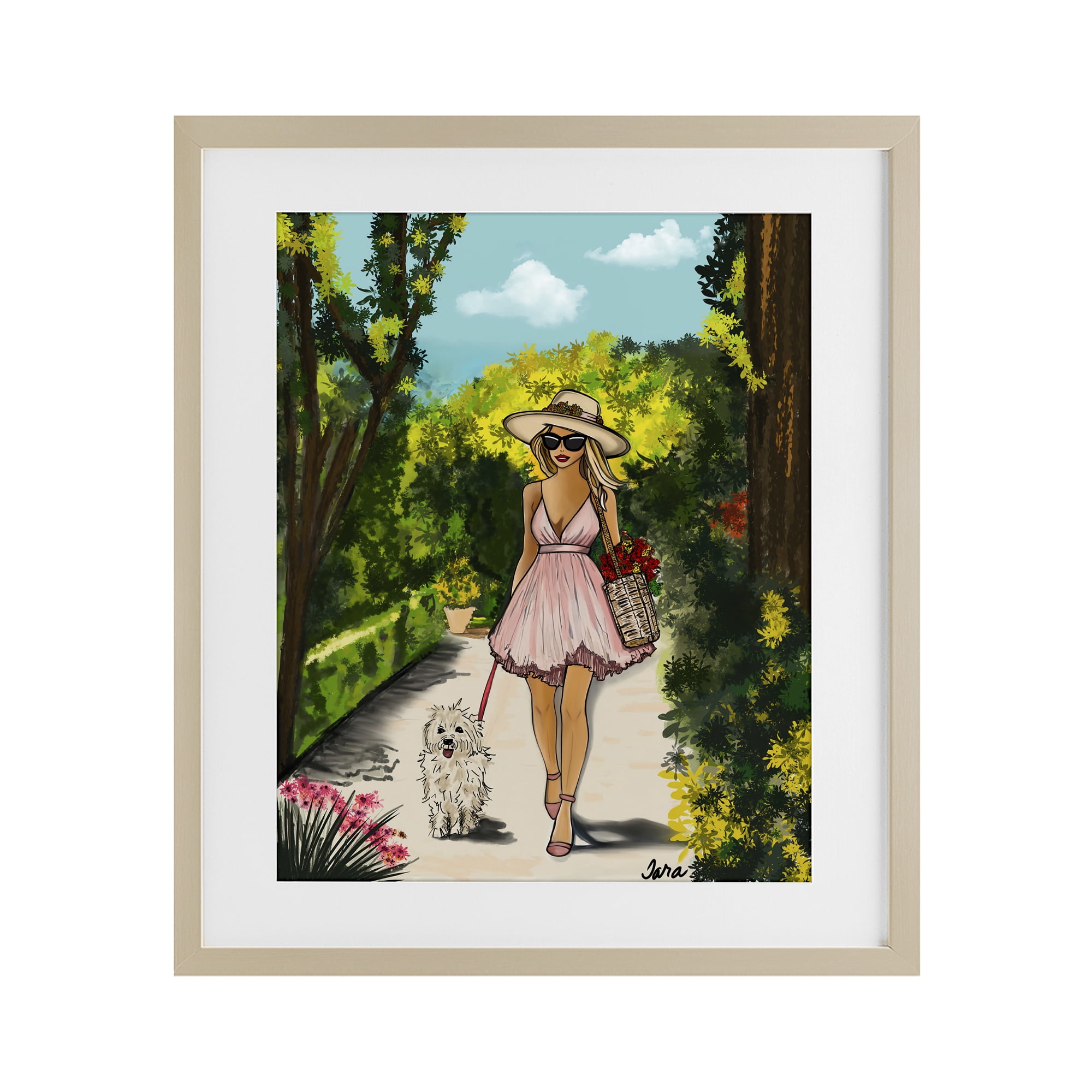 Stupell Industries Garden Girl Strolling with Pup Birch Framed Print Under Glass, design by Tara Boone