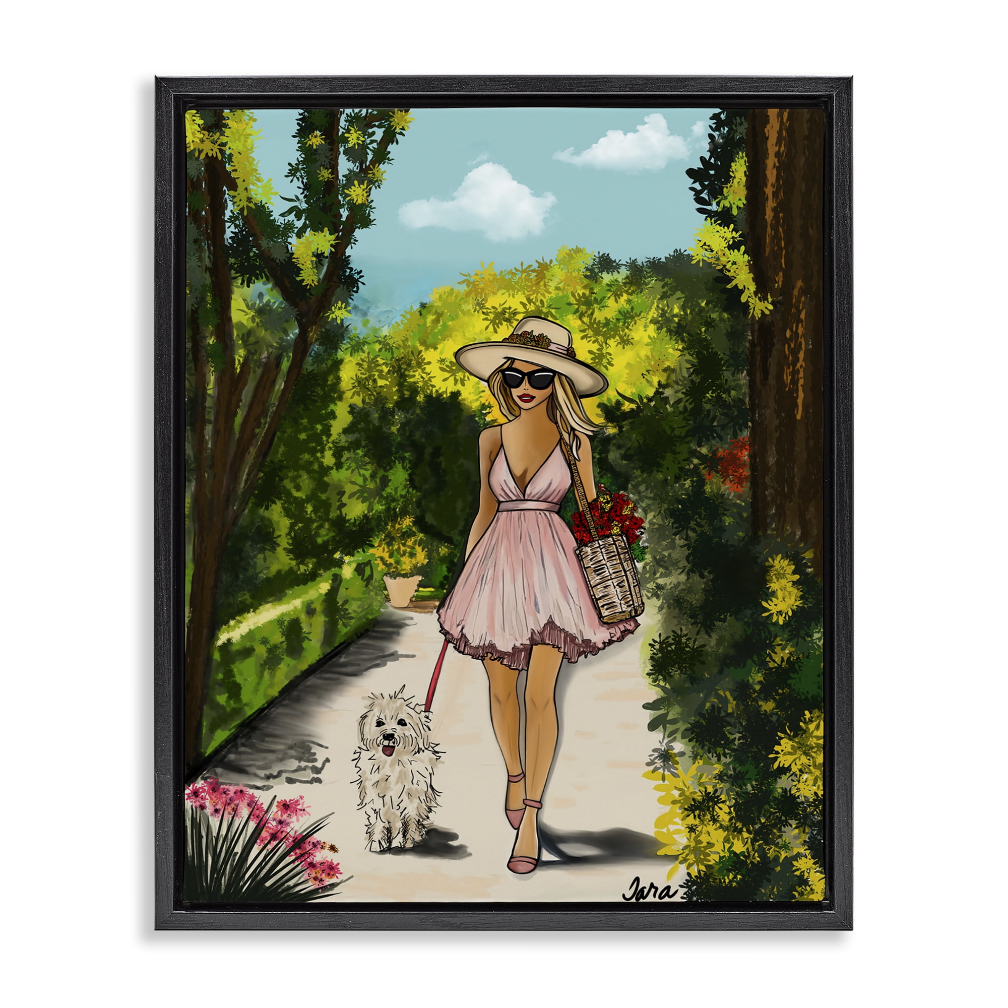 Stupell Industries Garden Girl Strolling with Pup Black Framed Floater Canvas Wall Art, design by Tara Boone