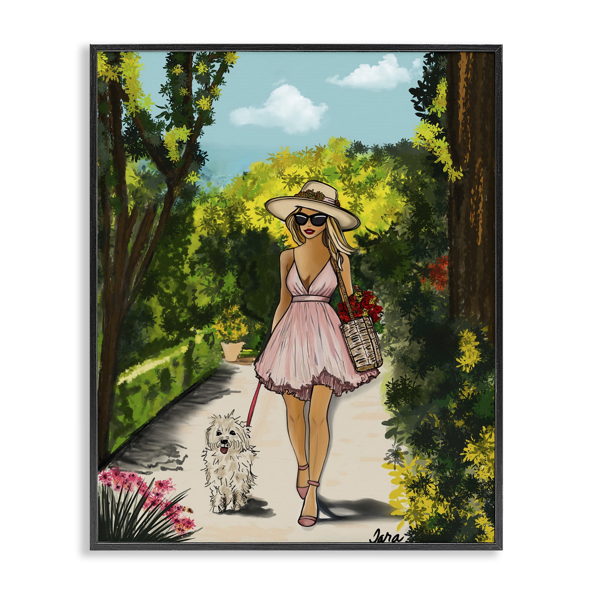 Stupell Industries Garden Girl Strolling with Pup Black Framed Giclee Art, design by Tara Boone