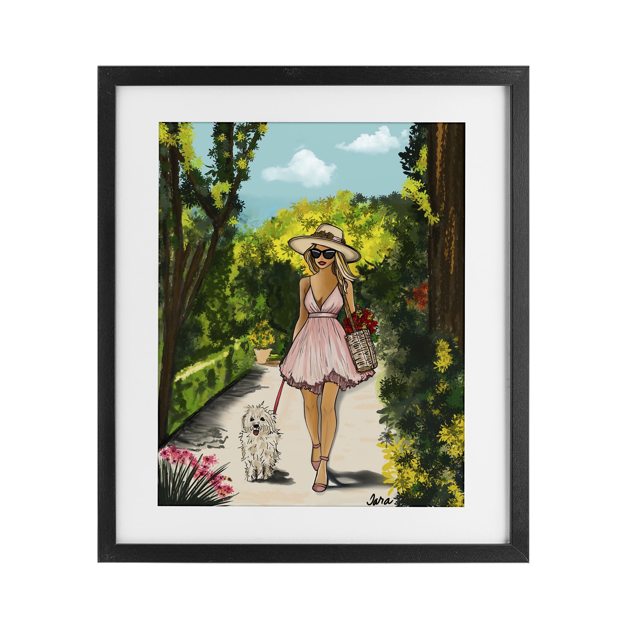 Stupell Industries Garden Girl Strolling with Pup Black Framed Print Under Glass, design by Tara Boone
