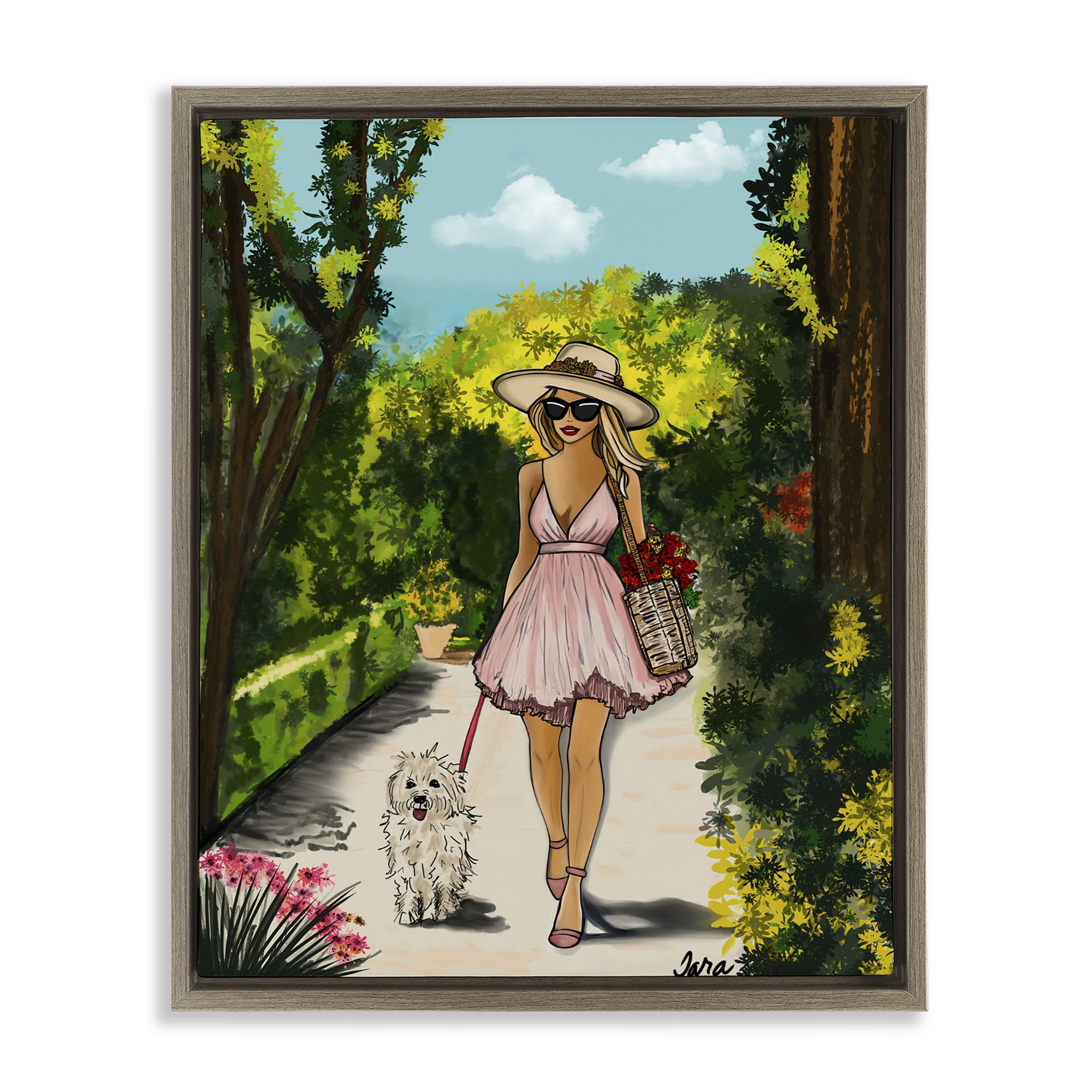 Stupell Industries Garden Girl Strolling with Pup Brown Framed Floater Canvas Wall Art, design by Tara Boone