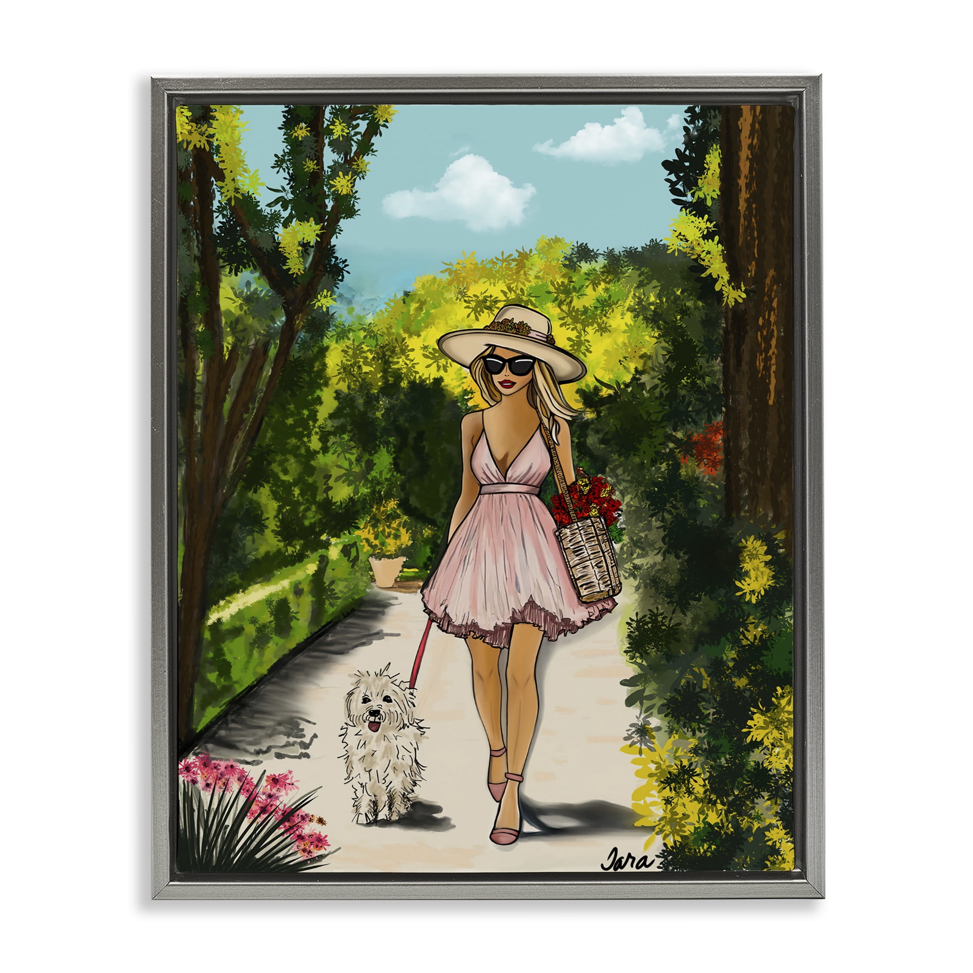 Stupell Industries Garden Girl Strolling with Pup Gray Framed Floater Canvas Wall Art, design by Tara Boone