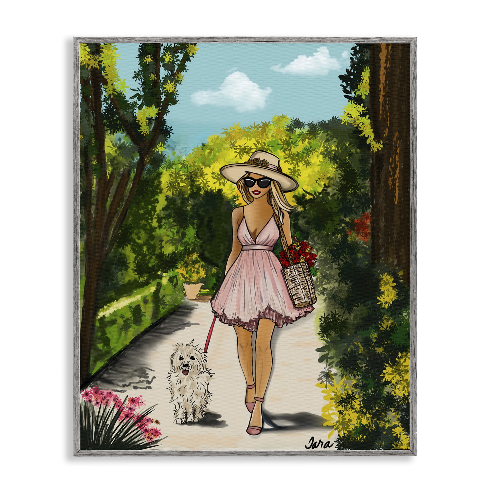 Stupell Industries Garden Girl Strolling with Pup Gray Framed Giclee Art, design by Tara Boone
