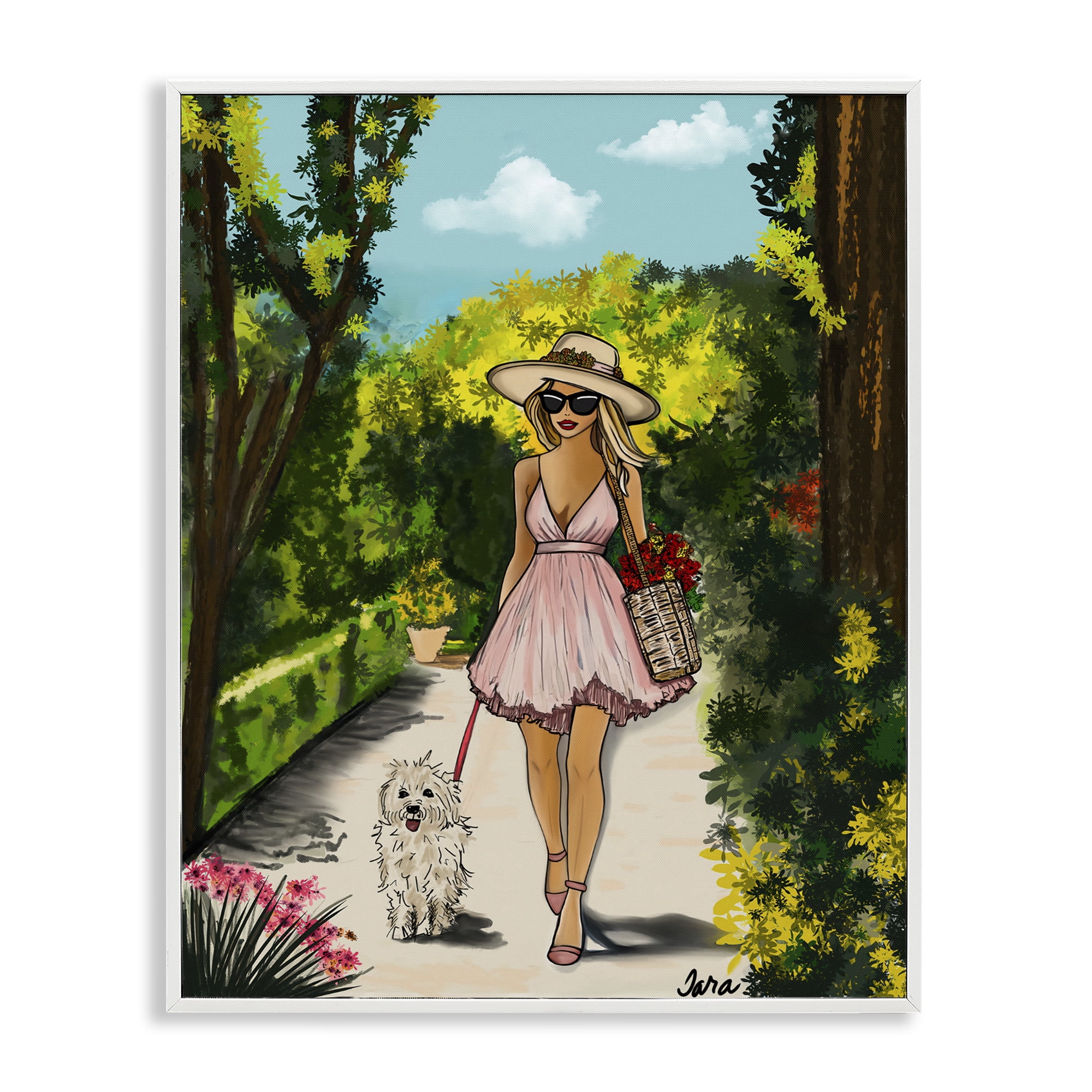 Stupell Industries Garden Girl Strolling with Pup White Framed Giclee Art, design by Tara Boone