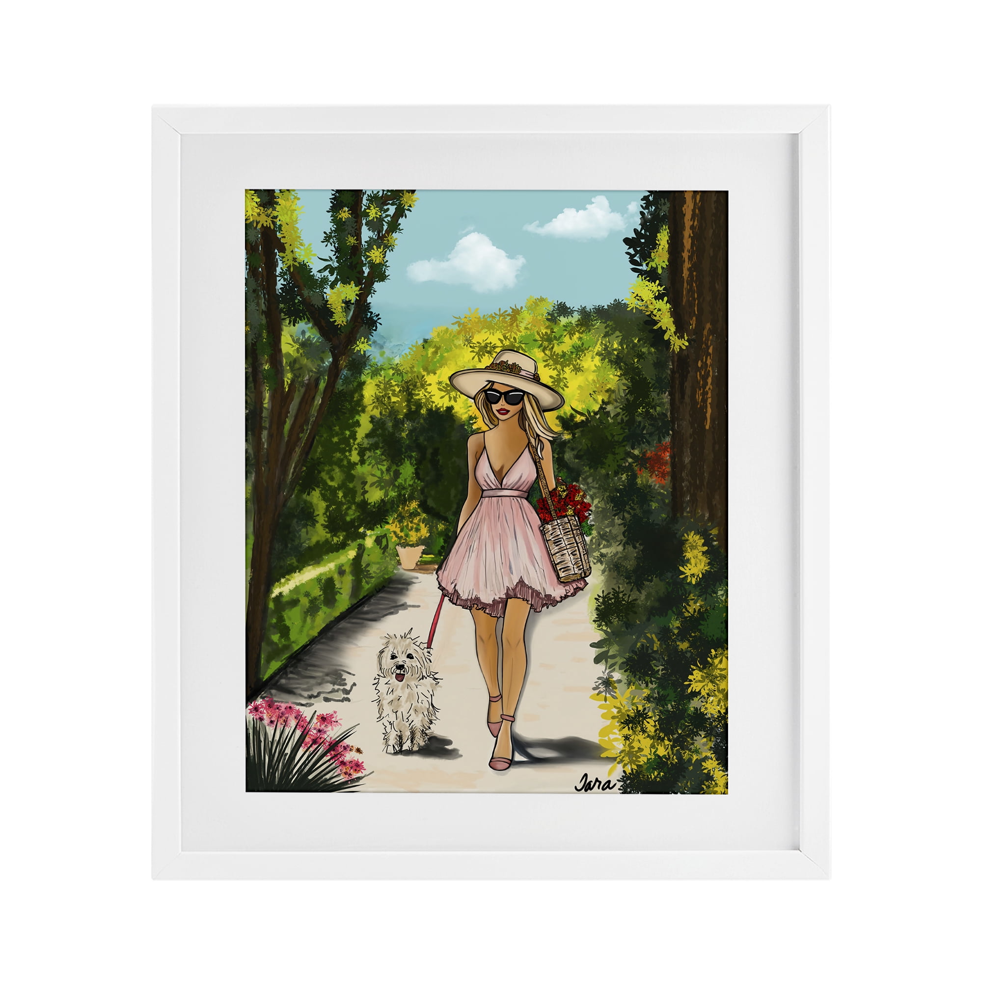 Stupell Industries Garden Girl Strolling with Pup White Framed Print Under Glass, design by Tara Boone