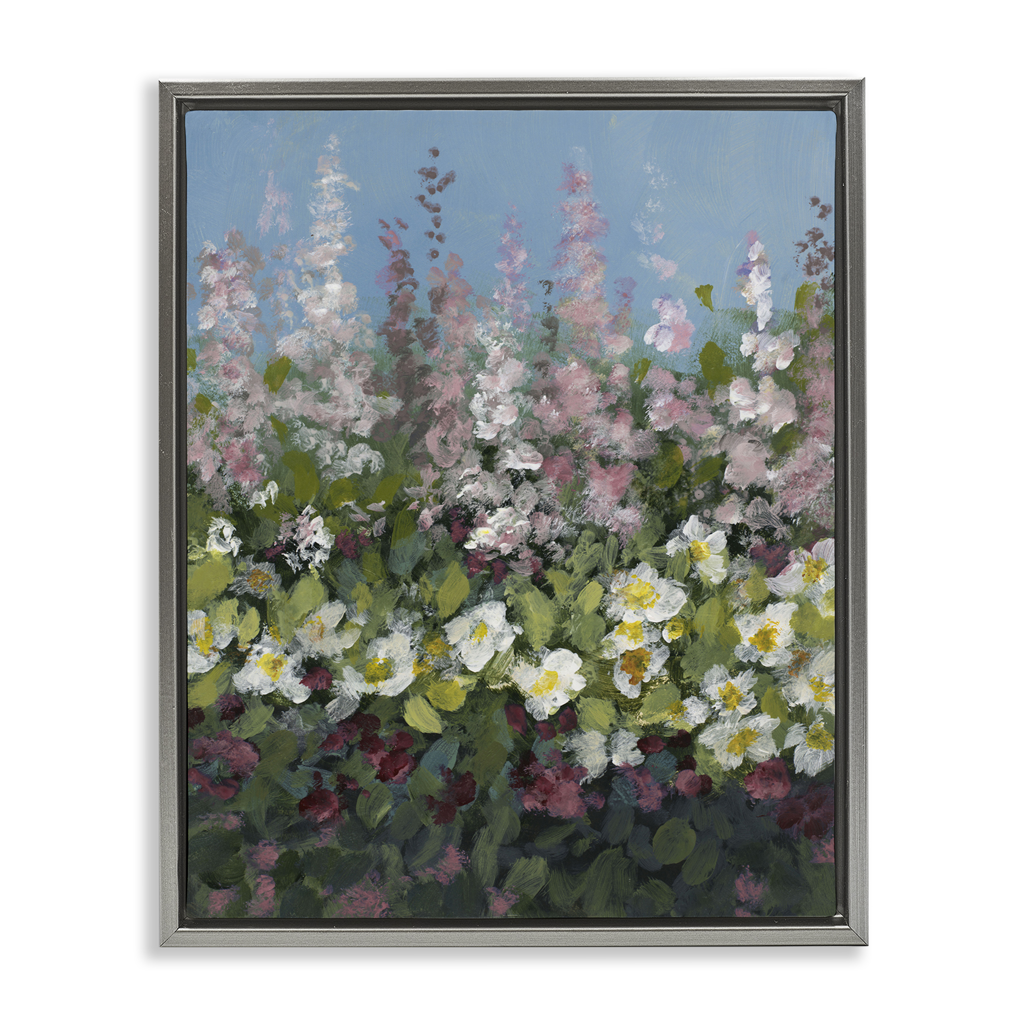 Stupell Industries Garden Glory Purple Flowers Floral & Botanical Painting Gray Floater Framed Canvas Art Print Wall Art, 17 x 21