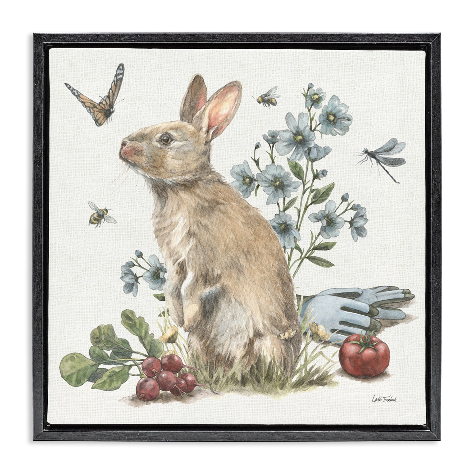 Stupell Industries Garden Patch Bunny Animals & Insects Painting Black Floater Framed Canvas Art Print Wall Art, 18 x 18
