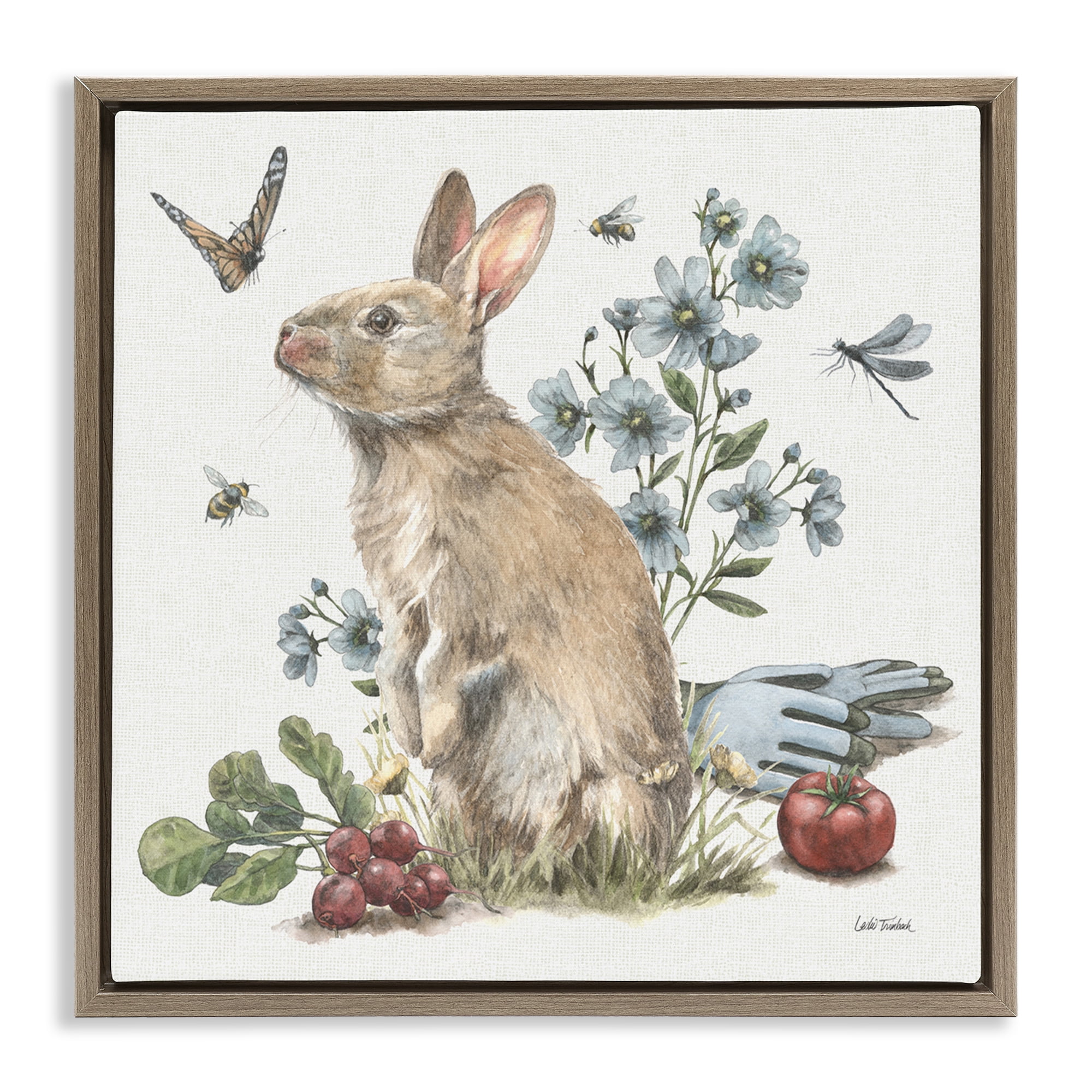 Stupell Industries Garden Patch Bunny Animals & Insects Painting Brown Floater Framed Canvas Art Print Wall Art, 25 x 25