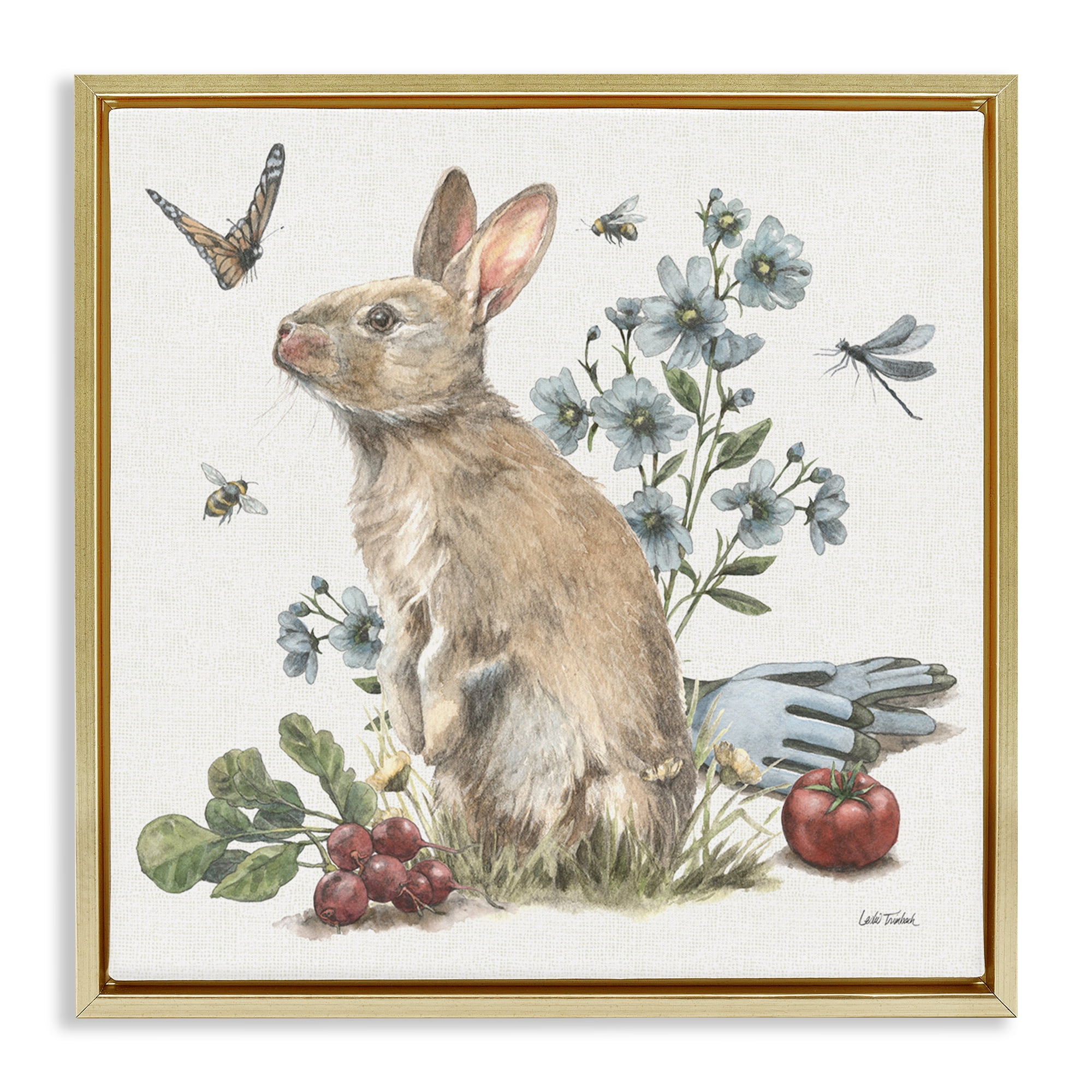 Stupell Industries Garden Patch Bunny Animals & Insects Painting Gold Floater Framed Canvas Art Print Wall Art, 18 x 18