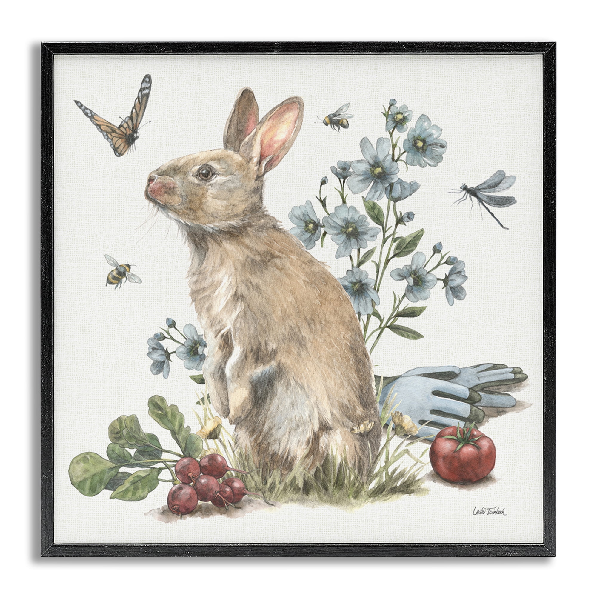 Stupell Industries Garden Patch Bunny Animals & Insects Painting Gray Framed Art Print Wall Art, 12 x 12