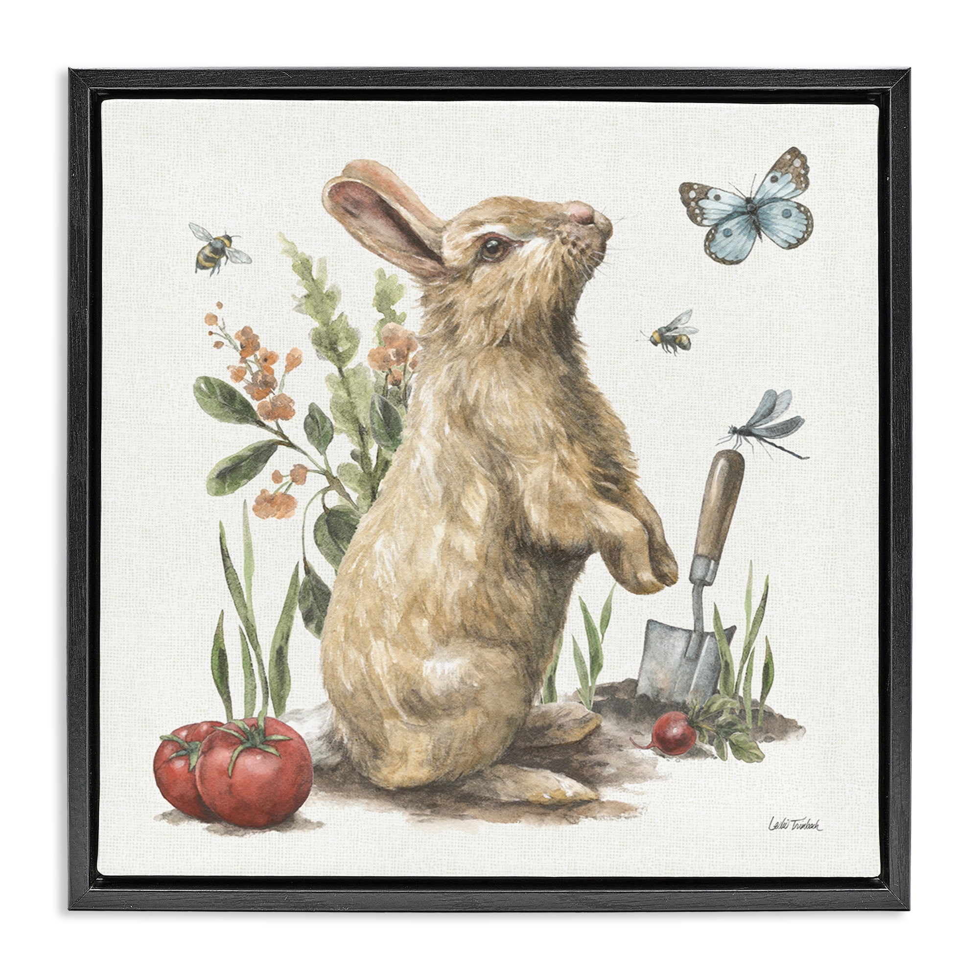 Stupell Industries Garden Patch Rabbit Animals & Insects Painting Black Floater Framed Canvas Art Print Wall Art, 25 x 25