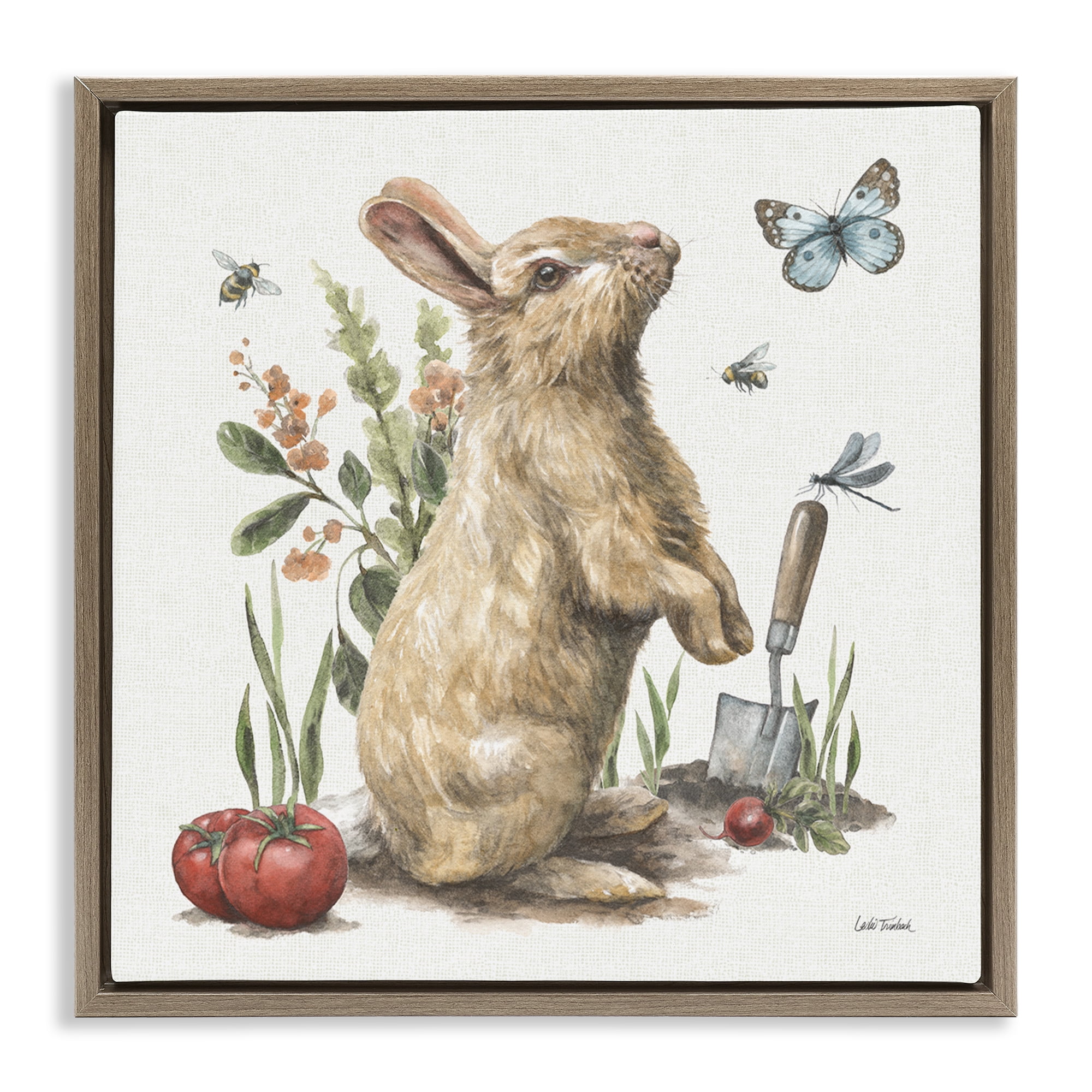 Stupell Industries Garden Patch Rabbit Animals & Insects Painting Brown Floater Framed Canvas Art Print Wall Art, 25 x 25