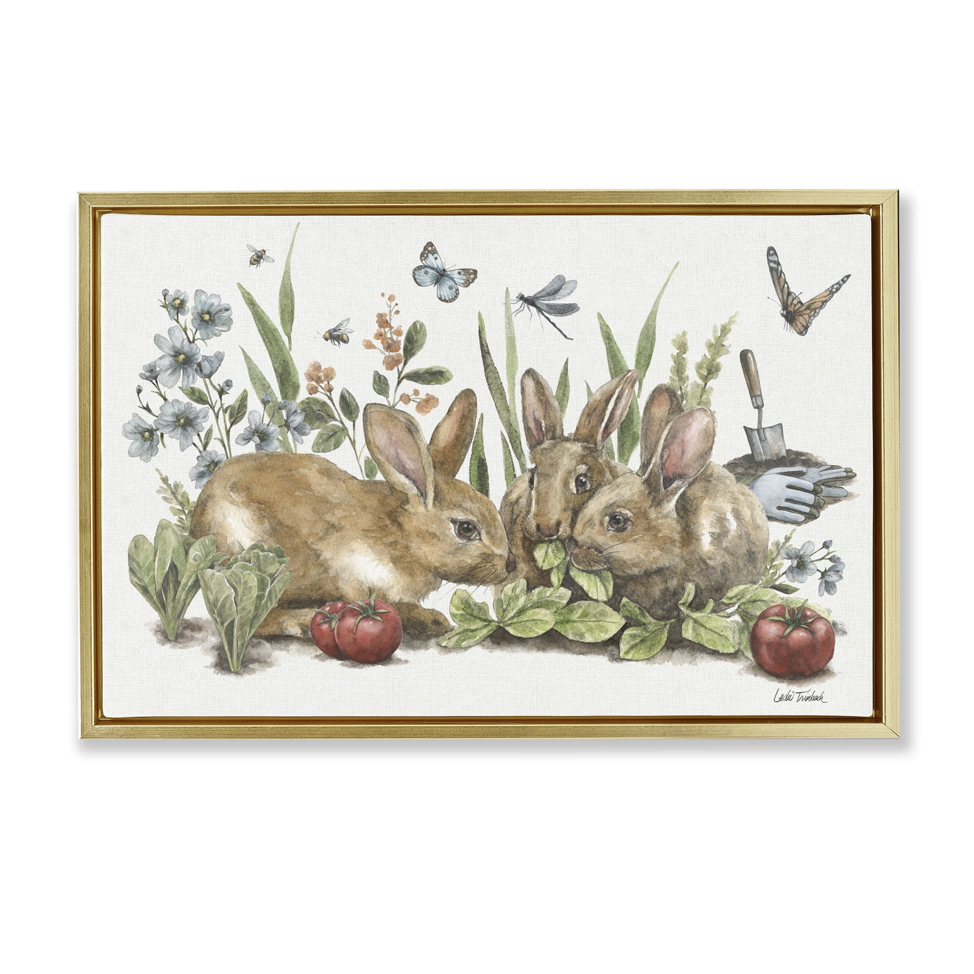 Stupell Industries Garden Patch Scene Botanical & Floral Painting Gold Floater Framed Canvas Art Print Wall Art, 25 x 17