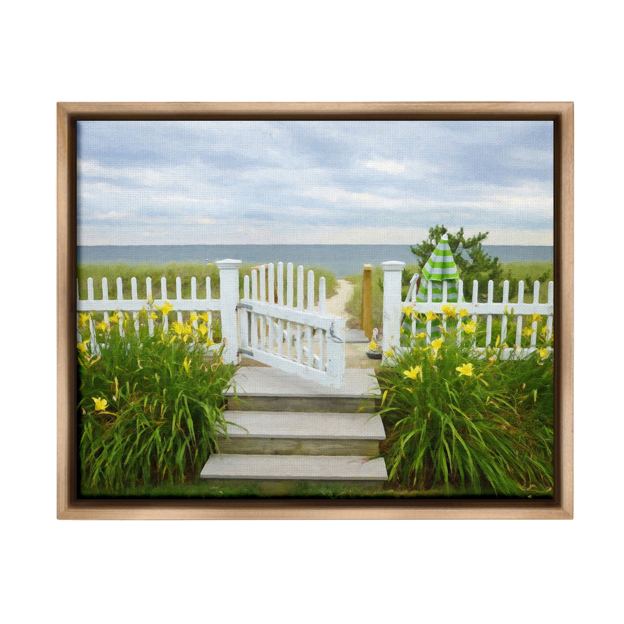 Stupell Industries Garden Path to Beach Landscape Photography Brown Floater Framed Canvas Art Print Wall Art, 21 x 17