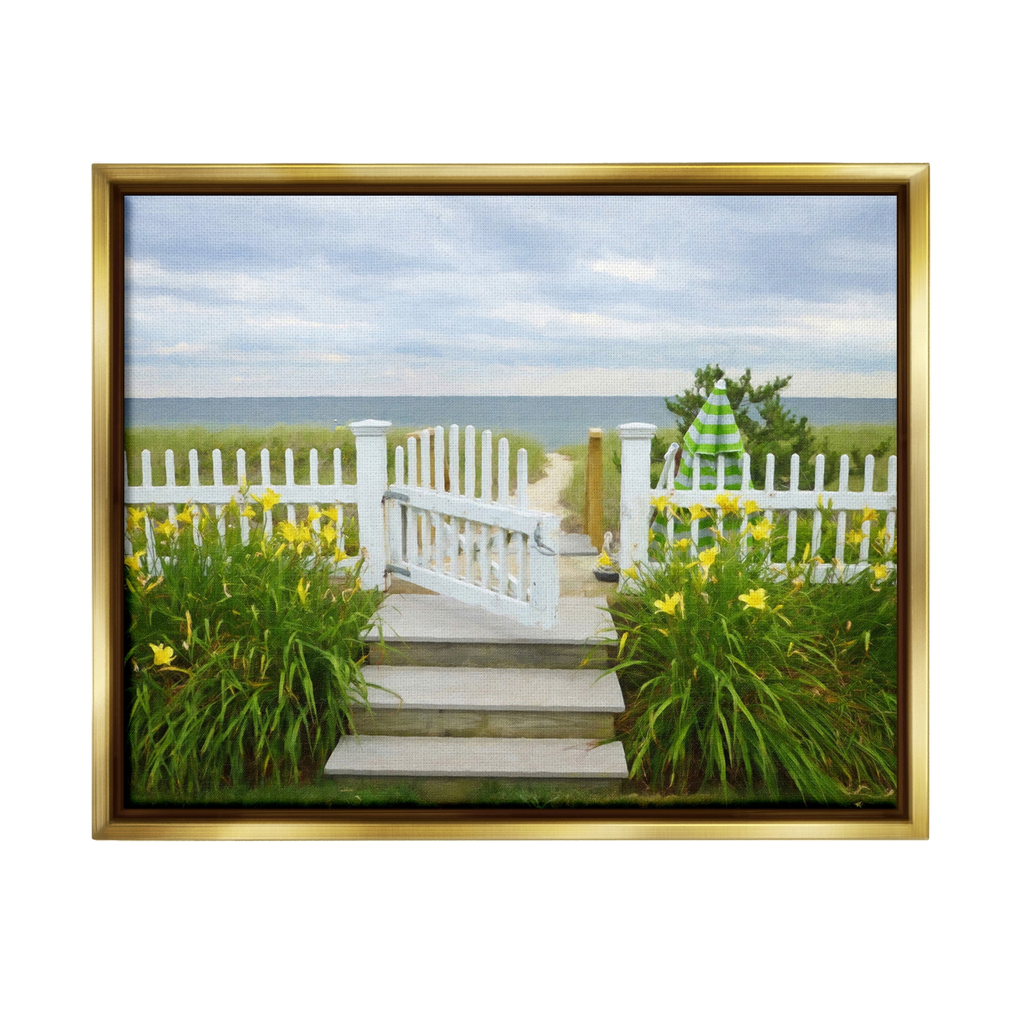 Stupell Industries Garden Path to Beach Landscape Photography Gold Floater Framed Canvas Art Print Wall Art, 31 x 25