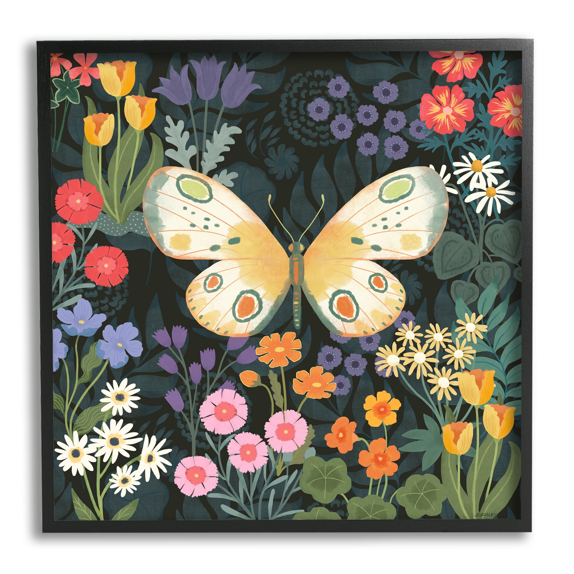 Stupell Industries Garden Pattern & Butterfly Botanical & Floral Painting Black Framed Art Print Wall Art, 17 x 17
