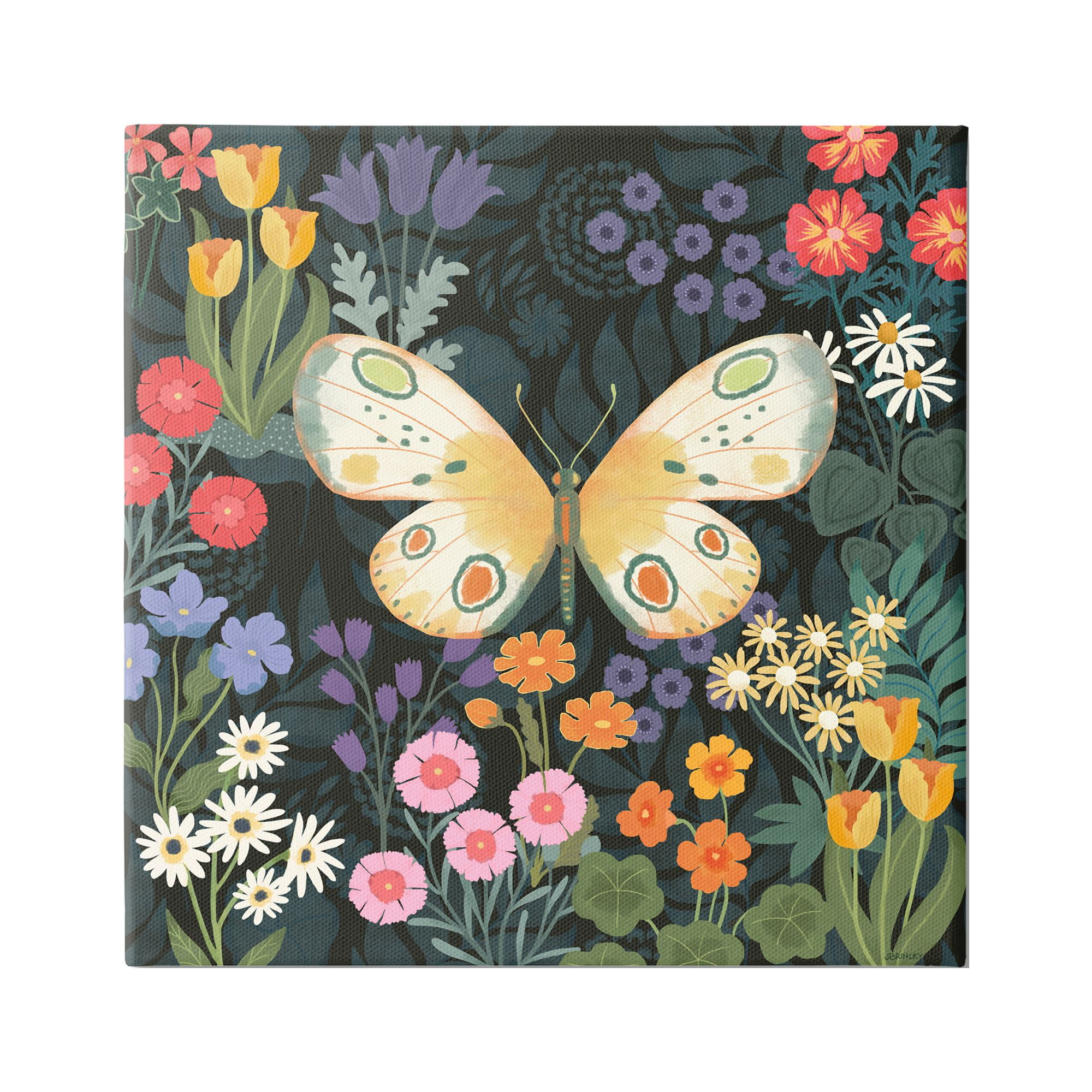 Stupell Industries Garden Pattern & Butterfly Botanical & Floral Painting Gallery Wrapped Canvas Art Print Wall Art, 17 x 17